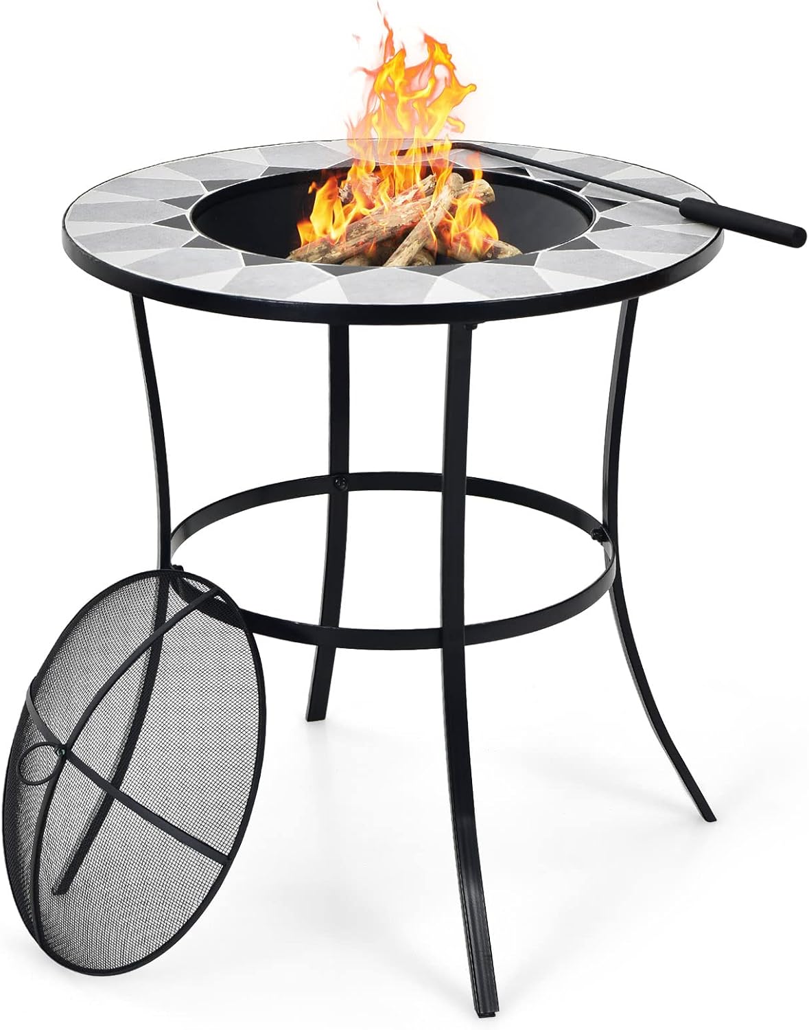 COSTWAY 23.5" Fire Pit Table, Outdoor Fire Pit with Mesh Cover & Fire Poker, Round Wood Burning Fire Table with Unique Tile Tabletop, Suitable for Patio Backyard Garden Camping