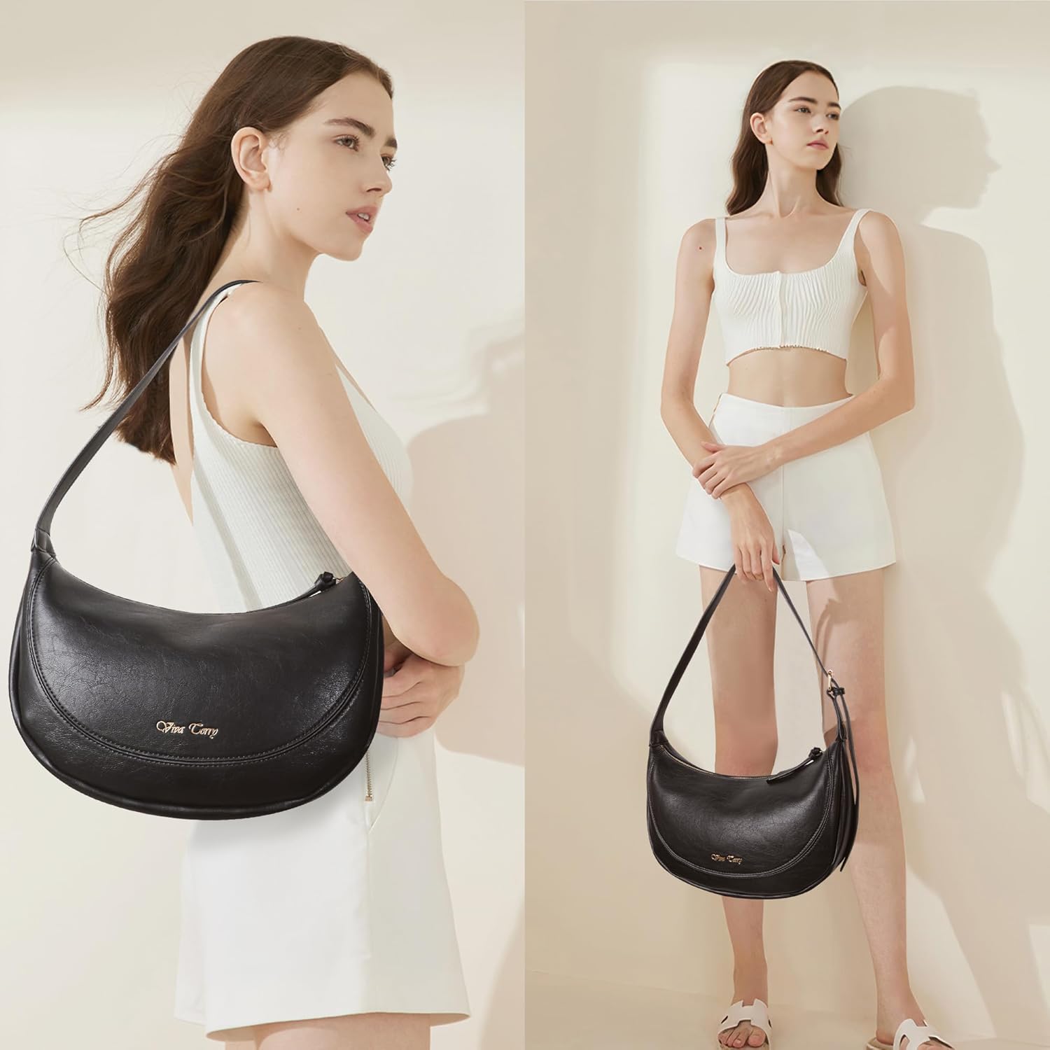 Vegan Leather Crescent Bag Casual Shoulder Purse and Handbag for Women with Adjustable Strap and Tassel