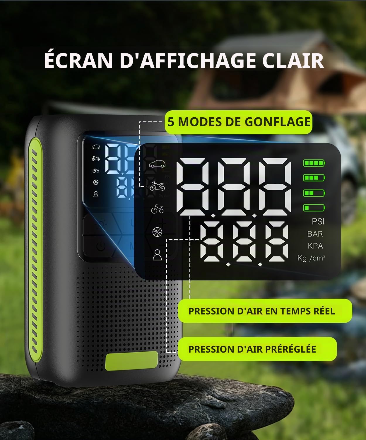 Compresseur d'air Portable sans Fil 150 PSI, gonflage Rapide avec Cylindre 19 mm. | USB-C, arrêt automatique, éclairage LED. Compatible pneus voiture, moto, vélo et ballons de sport.