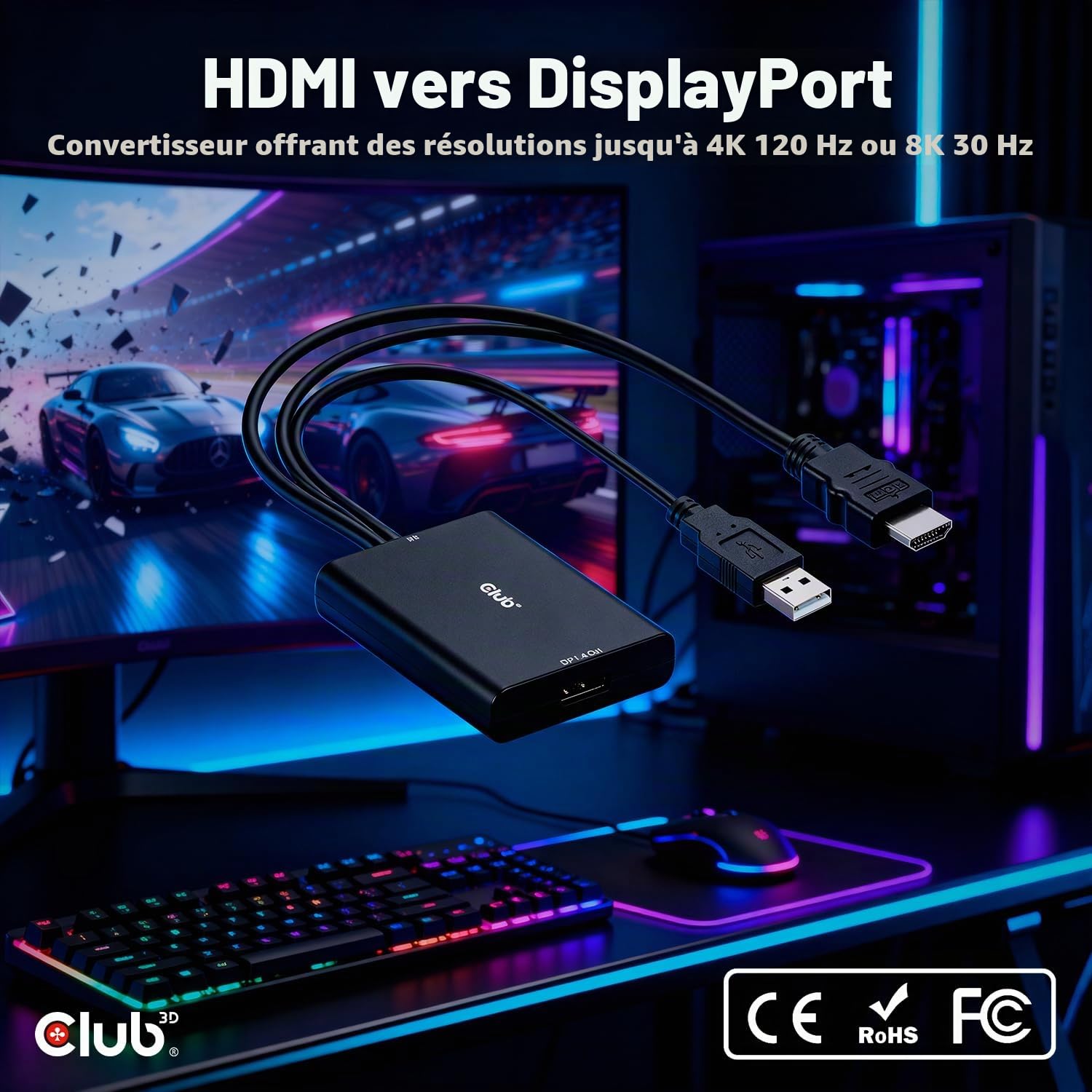 Club 3D Adaptateur actif CAC-1335 HDMI 2.1 vers DisplayPort 1.4 4K120Hz ou 8K30Hz M/F