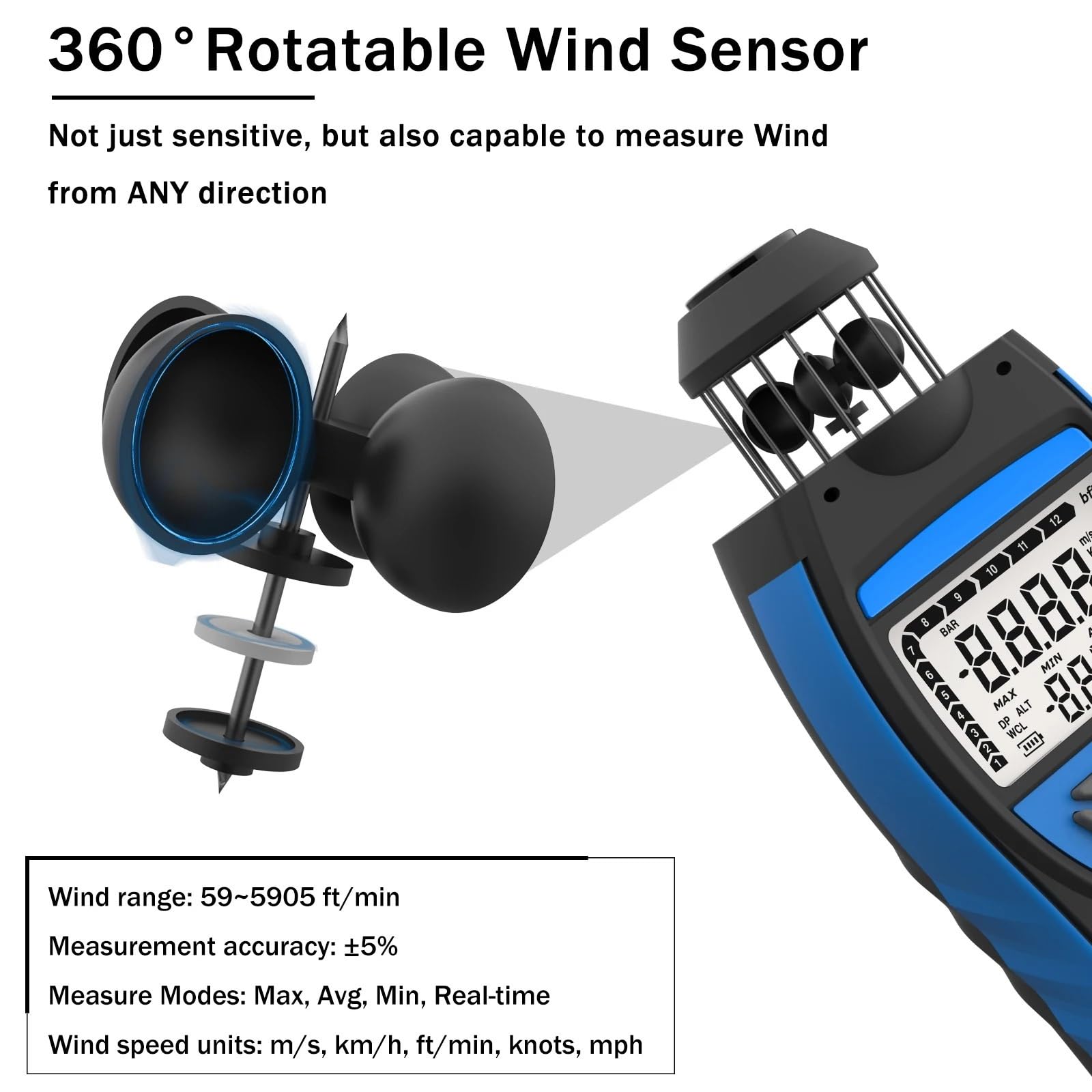 Anemómetro, Anemómetro digital de 0,3 a 42 m/s, velocidad del viento, volumen aire promedio HVAC, altitud en CFM, presión barométrica