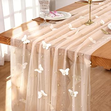 Pearl Champagne Gauze Table Runner with 3D Butterfly 120in 10FT Seasonal Sheer Tulle Table Runners Mesh Lace Fabric Runner for Wedding Baby Shower Party Holiday Dining Table Decor DIY Craft