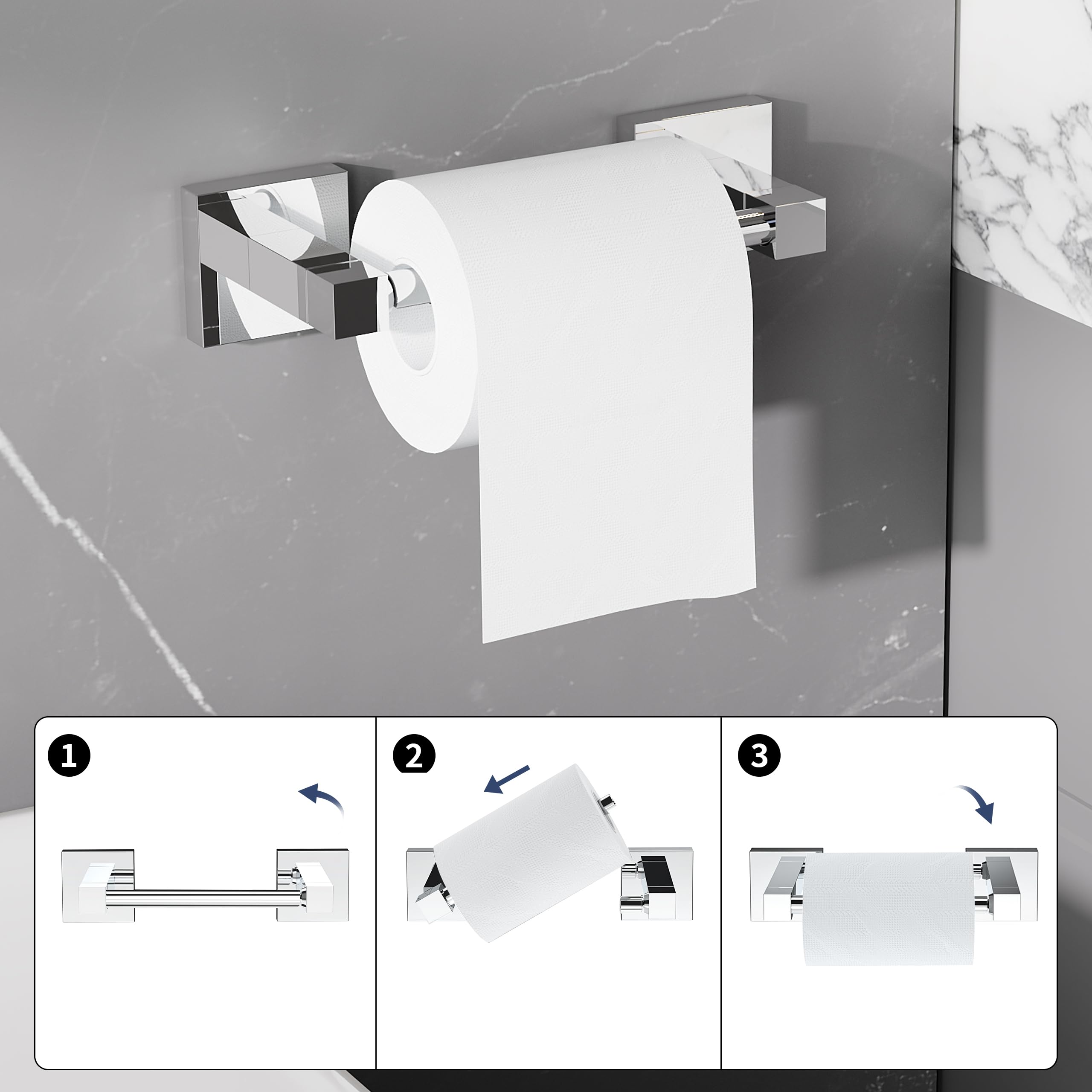 WZRUA Chrome Toilet Paper Holder Towel Ring Bathroom Accessories Hardware Set Double Post Pivoting Toilet Roll Holder Square Stainless Steel and Zinc Alloy Modern Wall Mounted 2 Pieces - Image 2