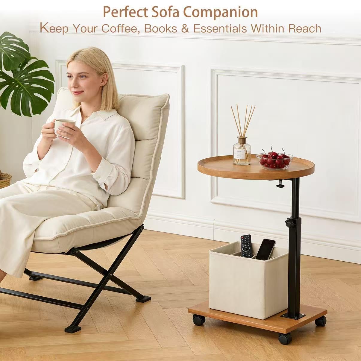 Mesa auxiliar con ruedas, mesa auxiliar regulable en altura y ruedas (45-80 cm) en forma de C de madera con ruedas giratorias de 360°, pequeña mesa de centro para salón, sofá y cama (color