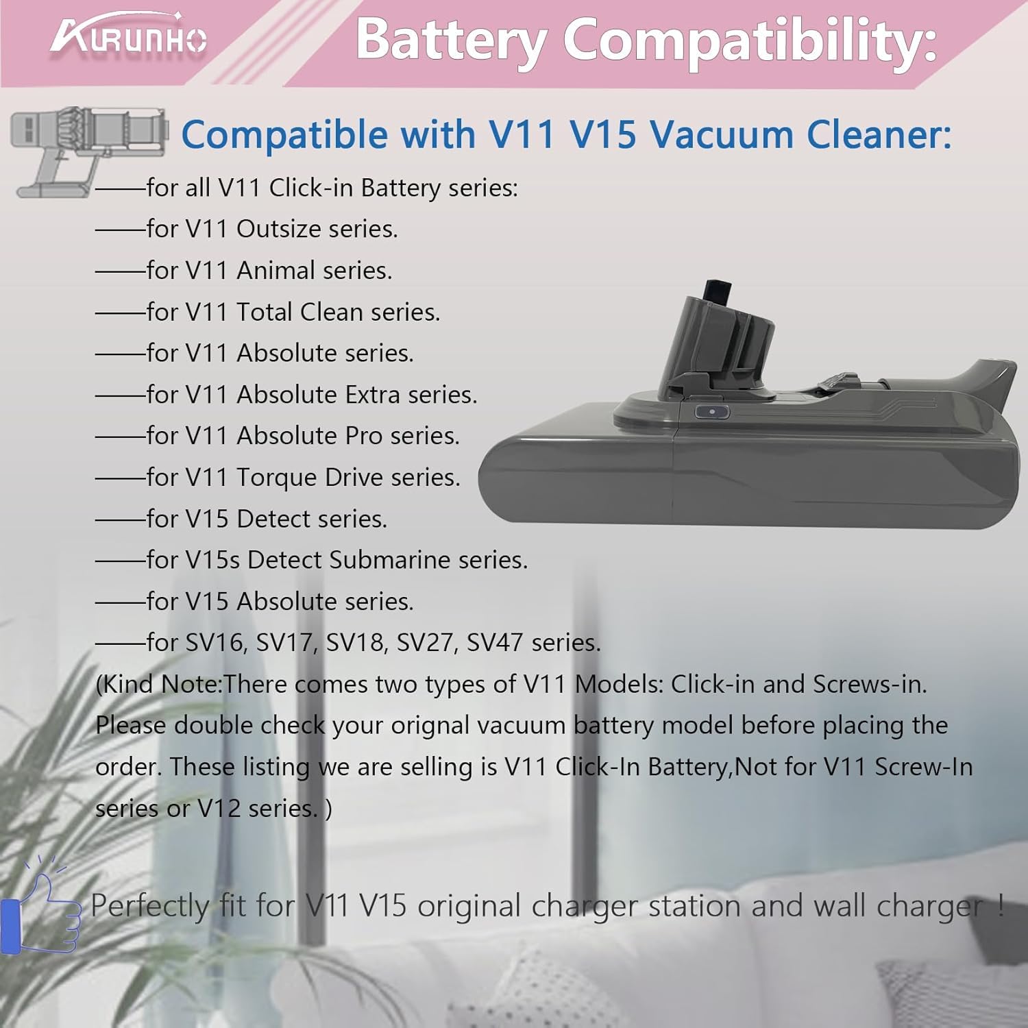 Amazon.com: AURUNHO V11 V15 Click in Battery Replacement for