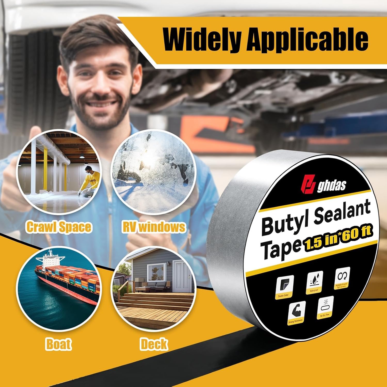 Bghdas - 2 Pack Butyl Sealant Tape 1 1/2" X 60' - Double Sided - Black Vapor Barrier Butyl Tape for Wall of Crawl Space, Rv Windows, Deck Boat, Crawlspace (Waterproof, Weatherproof)