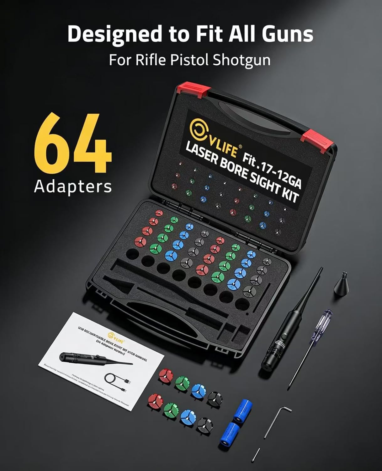 CVLIFE Bore Sight Laser Kit with 64 Adapters fit 0.17 to 12GA Calibers, Professional Green/Red Laser Boresighter for All Gun, Multiple Caliber Bore Laser Sighting for Rifle Pistol Handgun