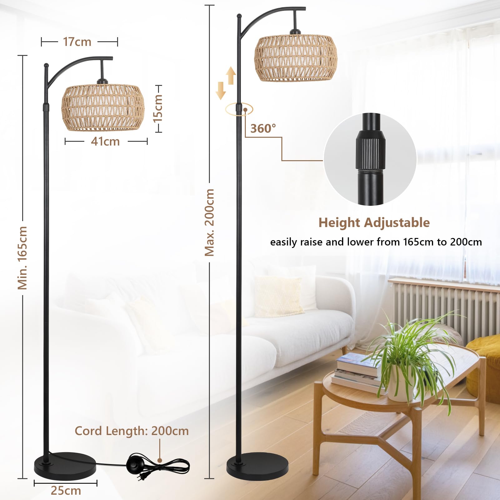 Rayofly Dimmbare Stehlampe Wohnzimmer, Rattan Stehlampe mit Fernbedienung, App-Steuerung, Boho Stehleuchte mit Rattan & Leinen Lampenschirm, Vintage Standleuchte für Schlafzimmer