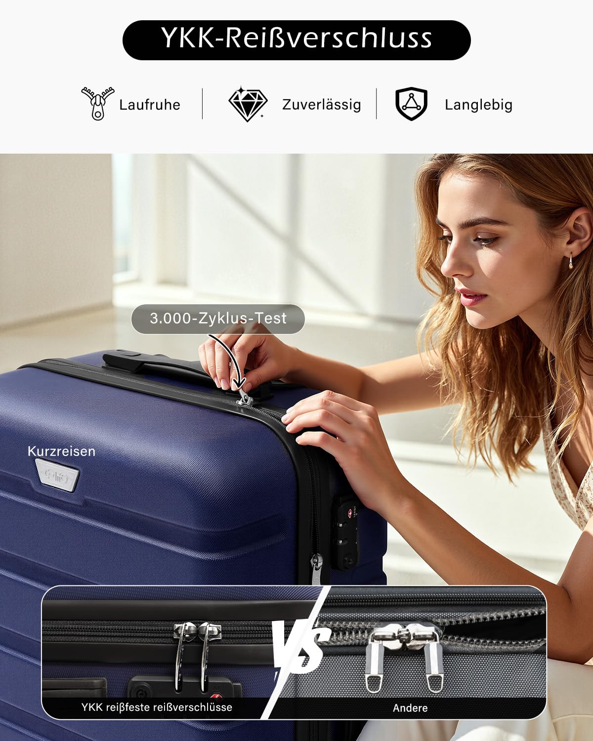 COOLIFE Set de 3 Valises pour Voyages en Famille et à l'International, ABS+PC, Rigide, Valises avec Roues Pivotantes à 360°, Fermetures Éclair YKK, Serrures à Combinaison TSA,Dunkelblau