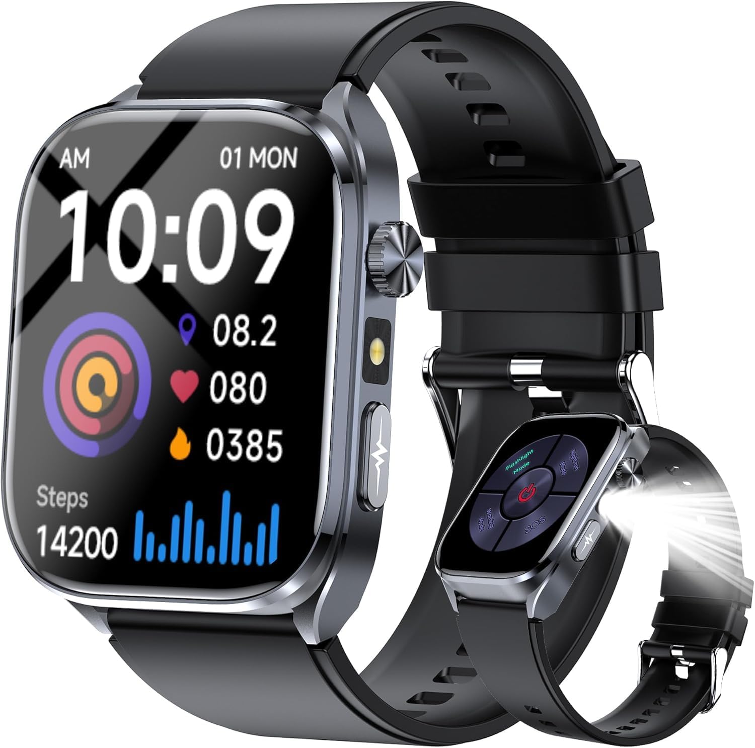 Advanced Health Smartwatch for Women Men with Real-Time Monitoring of Heart Rate, Sleep Quality and Stress Levels, Always-On Display，Bright Flashlight (Black)
