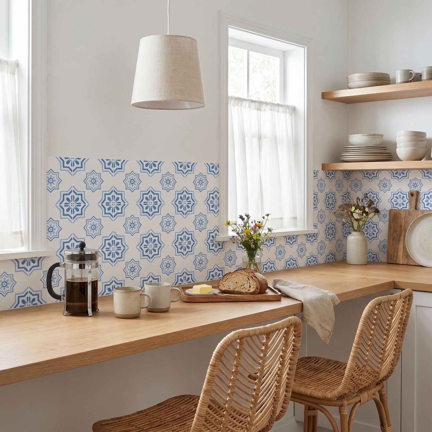 16 Pack,5.9 Inch Scandinavian Geometric Tile Decals, Light Blue Coastal Peel and Stick Vinyl for Backsplash, Stairs & Furniture