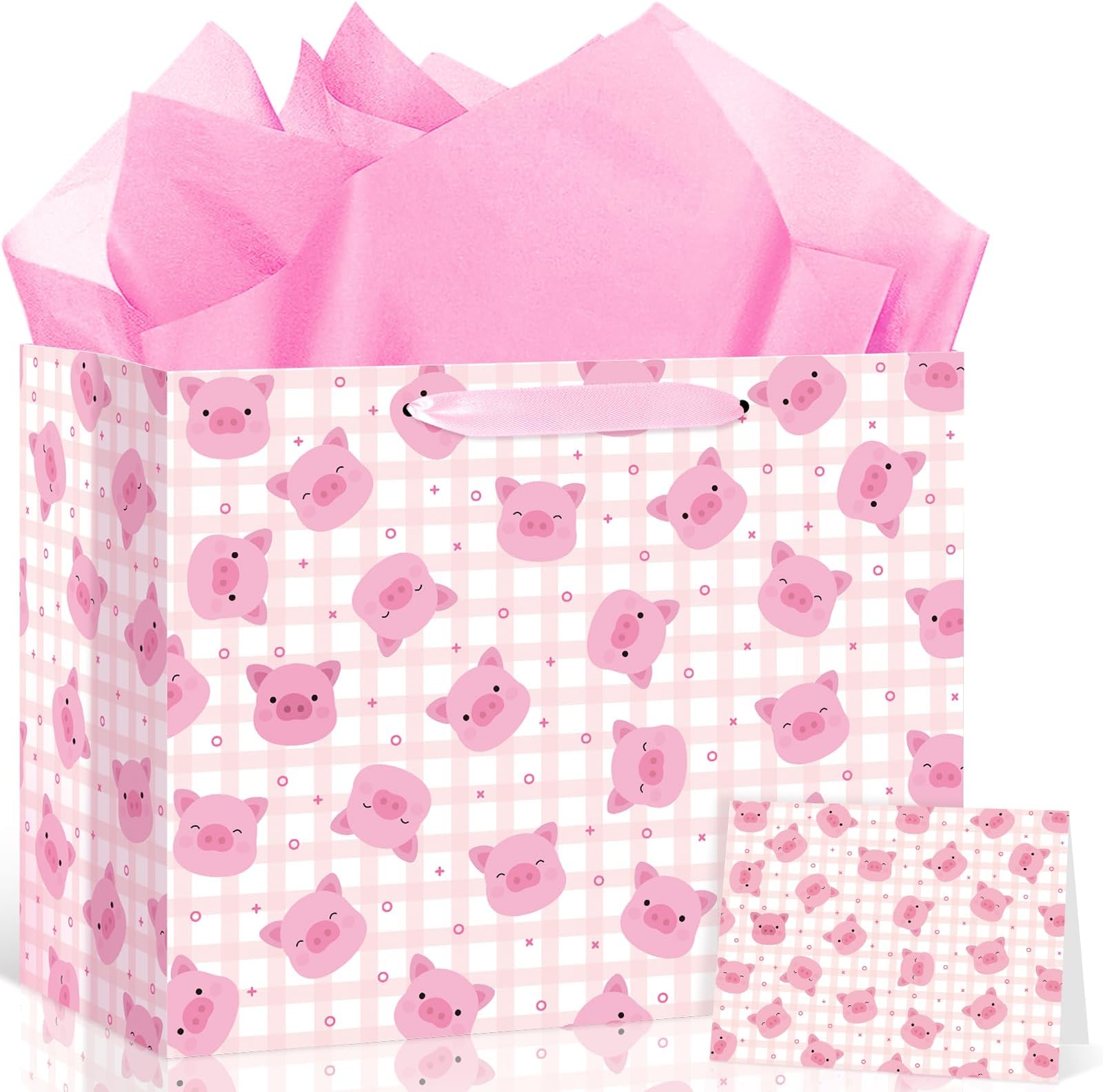 Large Farm Pig Birthday Gift Bag, Pink Piggy Wrapping Paper Gift Bag Farm Animal Gifts Bag with Handles, Greeting Card and Tissue Paper for Piggy Theme Baby Shower Birthday Supplies