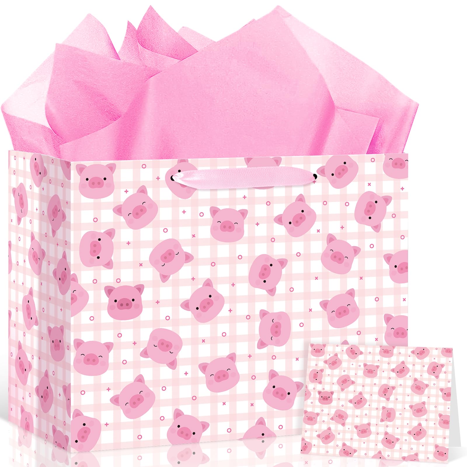 Neptniopllab Large Farm Pig Birthday Gift Bag, Pink Piggy Wrapping Paper Gift Bag Farm Animal Gifts Bag with Handles, Greeting Card and Tissue Paper for Piggy Theme Baby Shower Birthday Supplies
