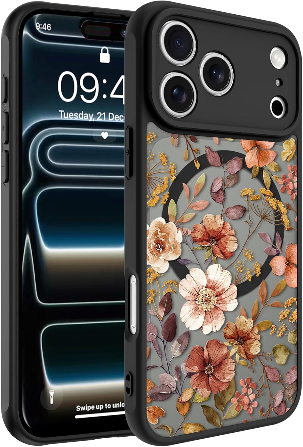 MOWIME Magnetic for iPhone 17 Pro Max Case, Compatible with Magsafe, Cute Floral Flower Print Design Phone Case for Women Girls Soft TPU Bumper Hard PC Back Translucent Slim Matte Cover, Black