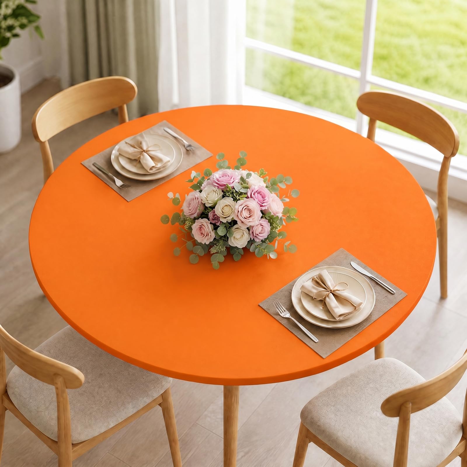 Photo 1 of BDDC Elastic Fitted Round Tablecloth, Orange, Fits 36"-44" Tables