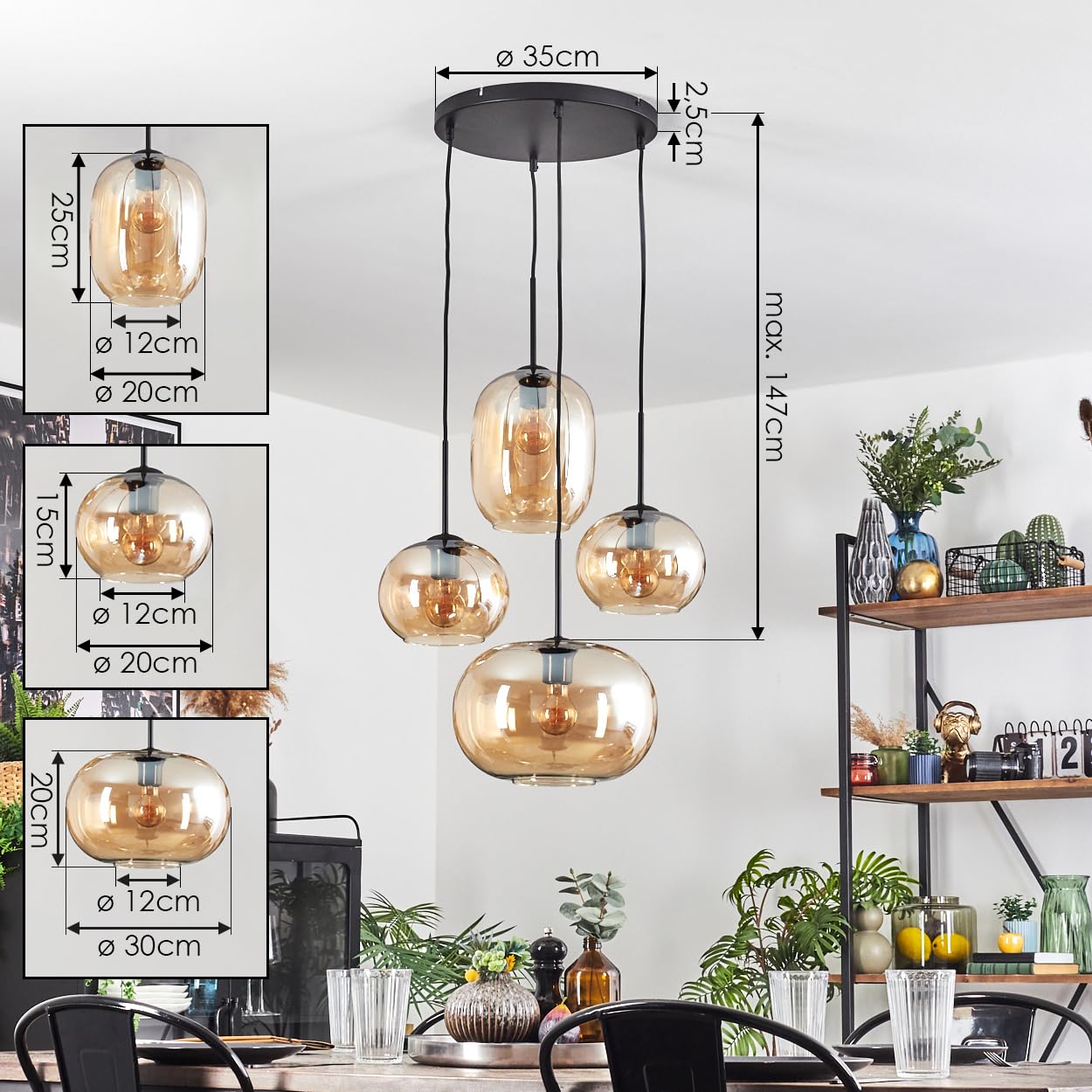 HOFSTEIN Hängeleuchte Apedo, 4-flammige Hängelampe aus Metall/Glas in Schwarz/Bernstein, Retro/Vintage-Design (Ø 20, 30cm), E27, Pendelleuchte verstellbar bis max. 147cm, Esszimmer, Wohnzimmer, Küche