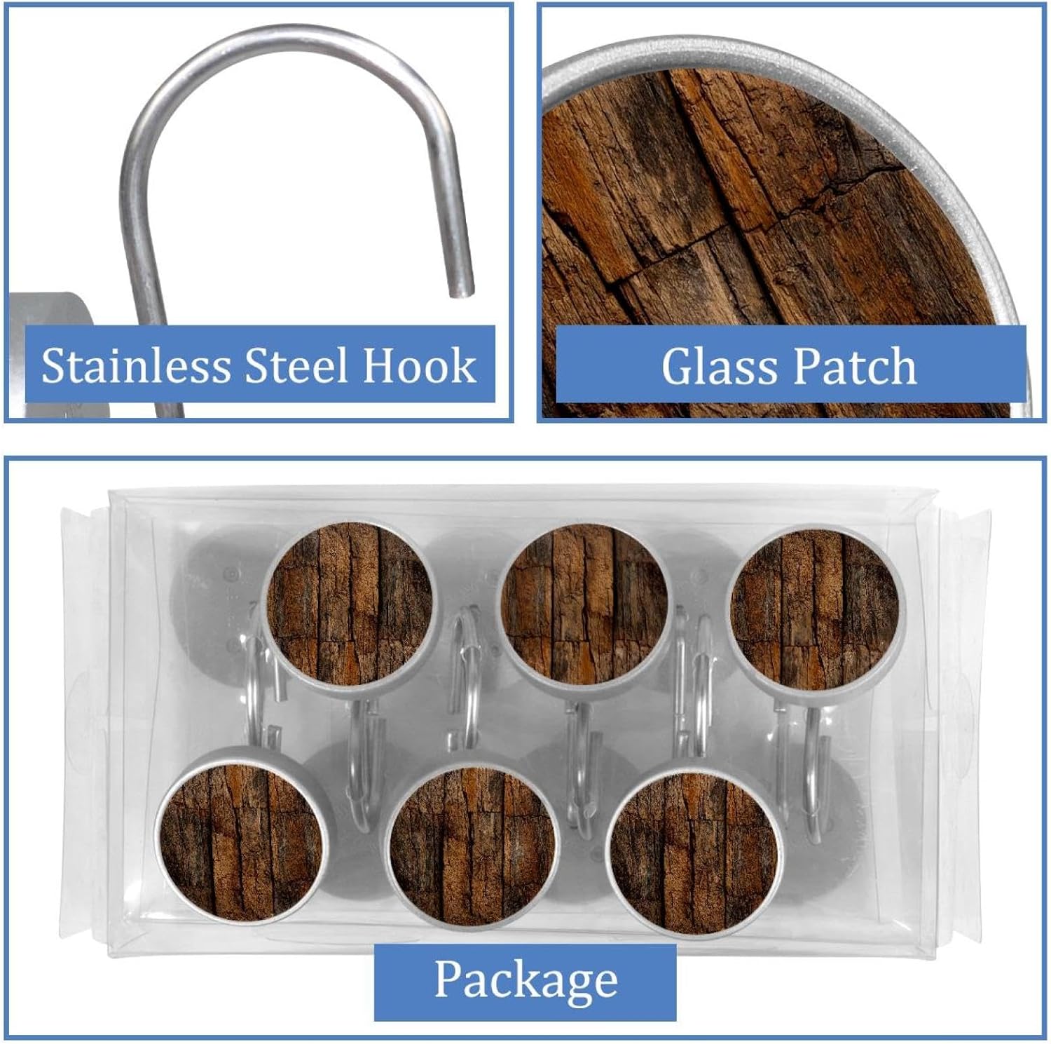 12PCS Vintage Brown Wood Shower Curtain Hooks Metal Rust Resistant Decorative Shower Curtain Hooks Bathroom Decorations