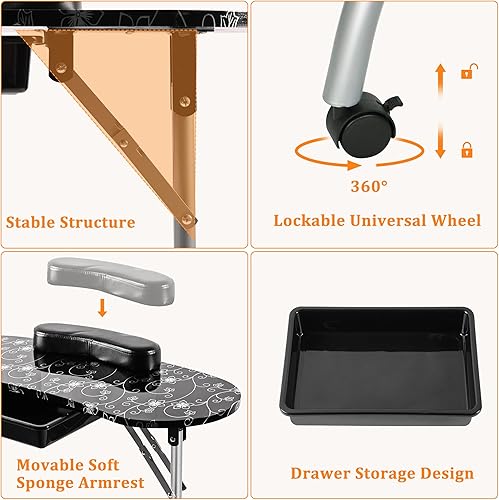 Miniatura 6 de Alohappy Mesa de manicura portátil y plegable, escritorio de uñas con cajón/lámpara de mesa LED con enchufe USB actualizado/almohadilla de muñeca de