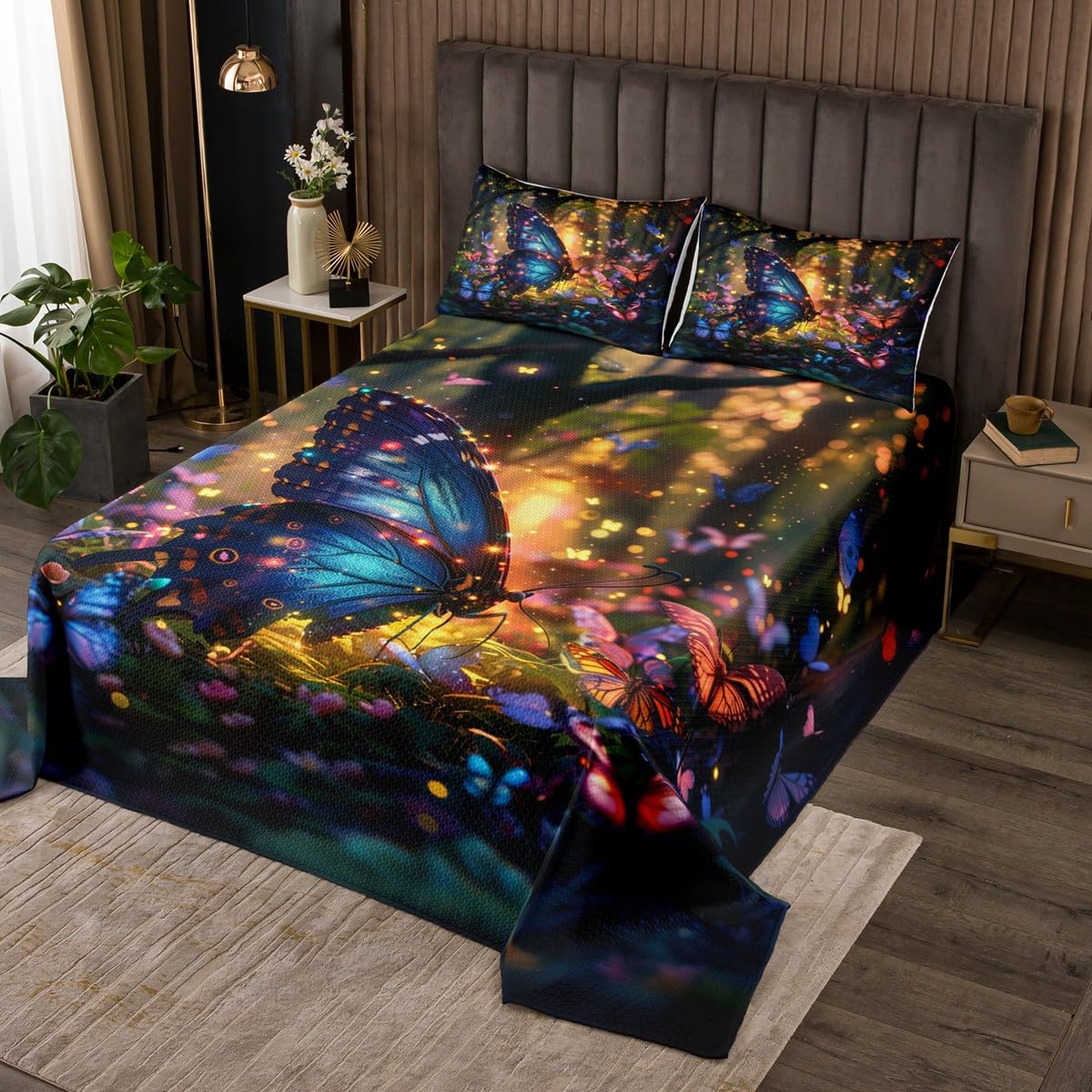 jejeloiu Butterfly Bedspread Twin Size Kids Magic Fairy Tale Coverlet Set for Boys Girls Teens Modern Art Quilted Coverlet Soft Lightweight Microfiber Room Decor