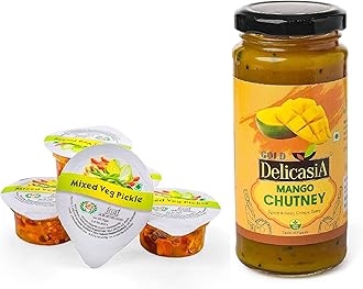 DELICASIA (SR's) MIXED VEG PICKLE 15gm CHOTU PACK (PACK OF 48) & MANGO CHUTNEY PICKLE 250 GM (COMBO OF 2). PORTION PACK. INDIAN FLAVOR. NO ARTIFICIAL COLOR AND FLAVORS. GLUTEN FREE. 77 YEARS OF TRUST