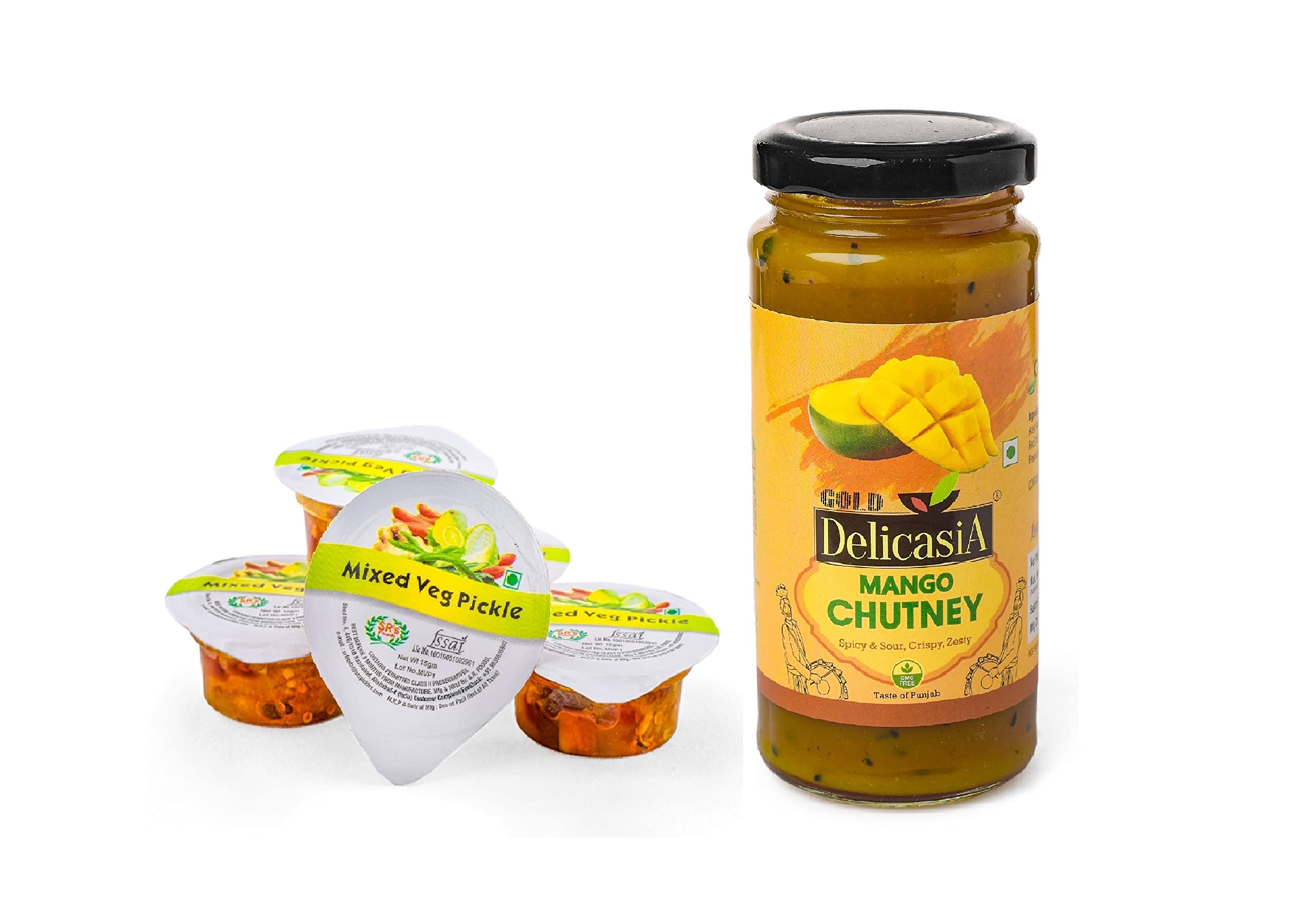 DELICASIA (SR's) MIXED VEG PICKLE 15gm CHOTU PACK (PACK OF 48) & MANGO CHUTNEY PICKLE 250 GM (COMBO OF 2). PORTION PACK. INDIAN FLAVOR. NO ARTIFICIAL COLOR AND FLAVORS. GLUTEN FREE. 77 YEARS OF TRUST