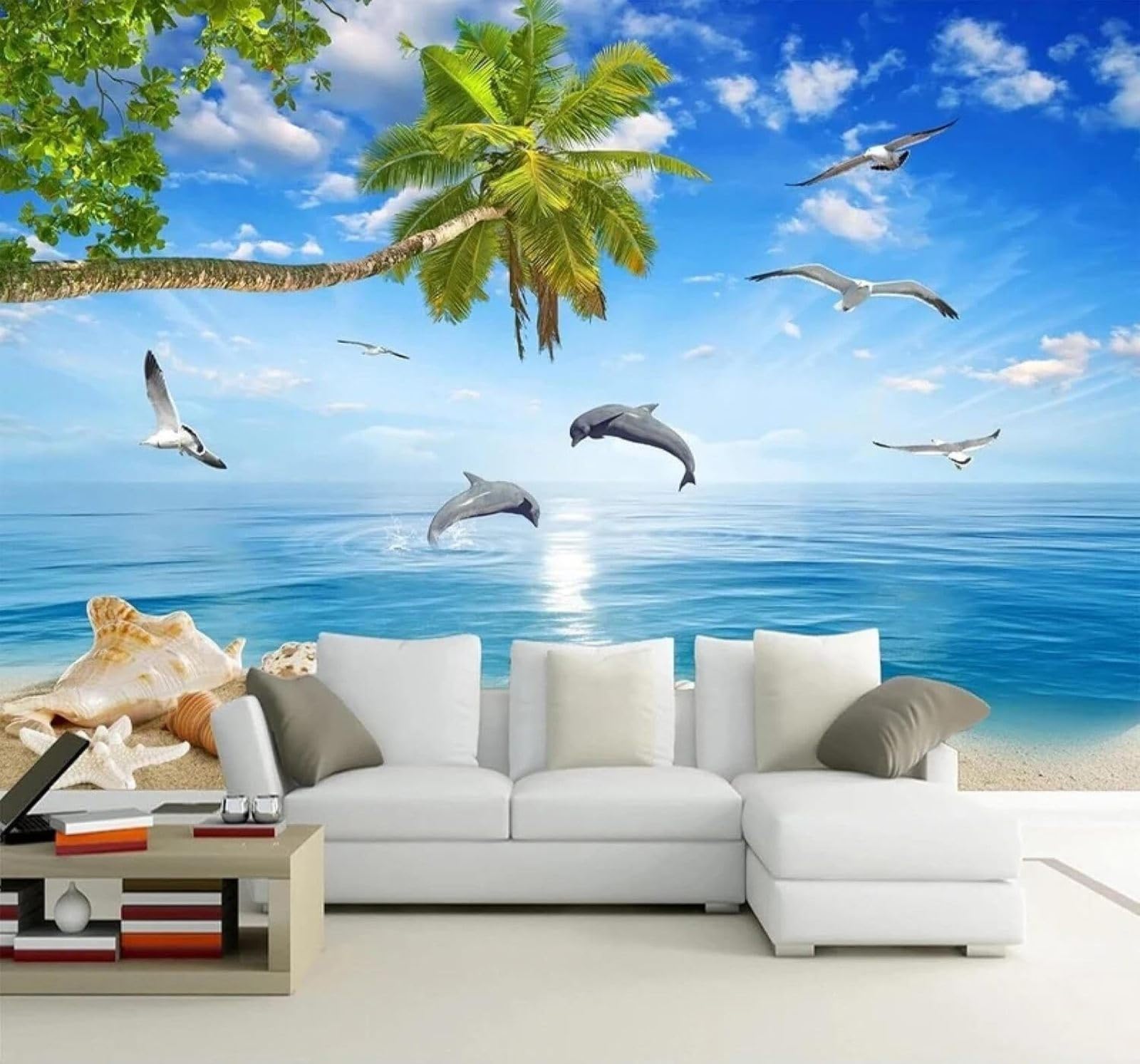 XLMING Beautiful Summer Dolphins Coconut Trees and Seascape 3D Wallpaper Luxury Home Dining Decor Paste Sofa Living Room The Wall for Bedroom Mural-430cm×300cm