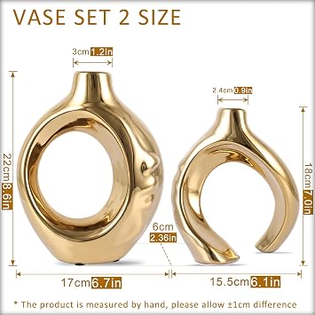 Gold Ceramic Vase Set of 2, Modern Donut Vases for Living Room Decor