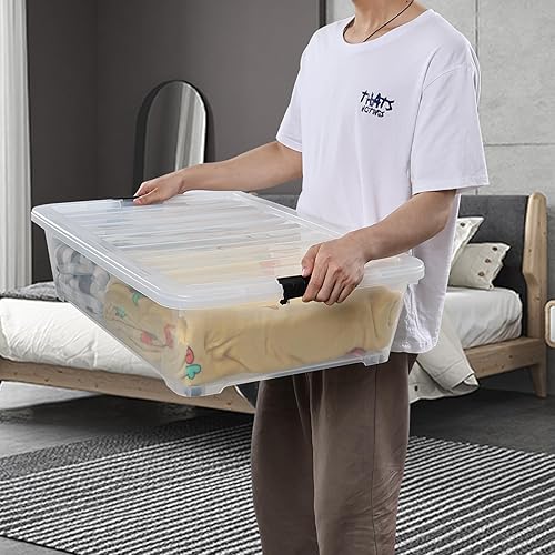 Miniatura 4 de Paquete de 3 cajas de almacenamiento de perfil bajo de 50 cuartos de galón debajo de la cama, contenedor de almacenamiento grande debajo de la cama