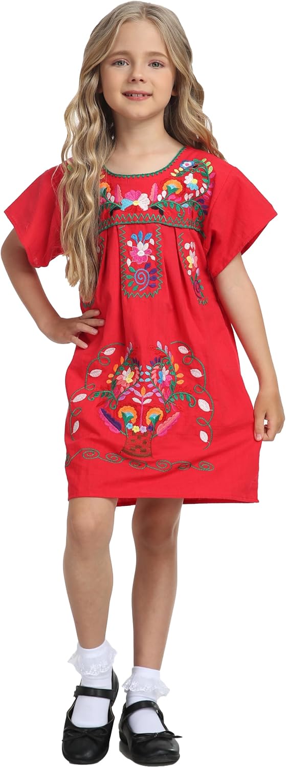 YZXDORWJ Girl Mexican Embroidered Dress Traditional Floral Short Sleeve