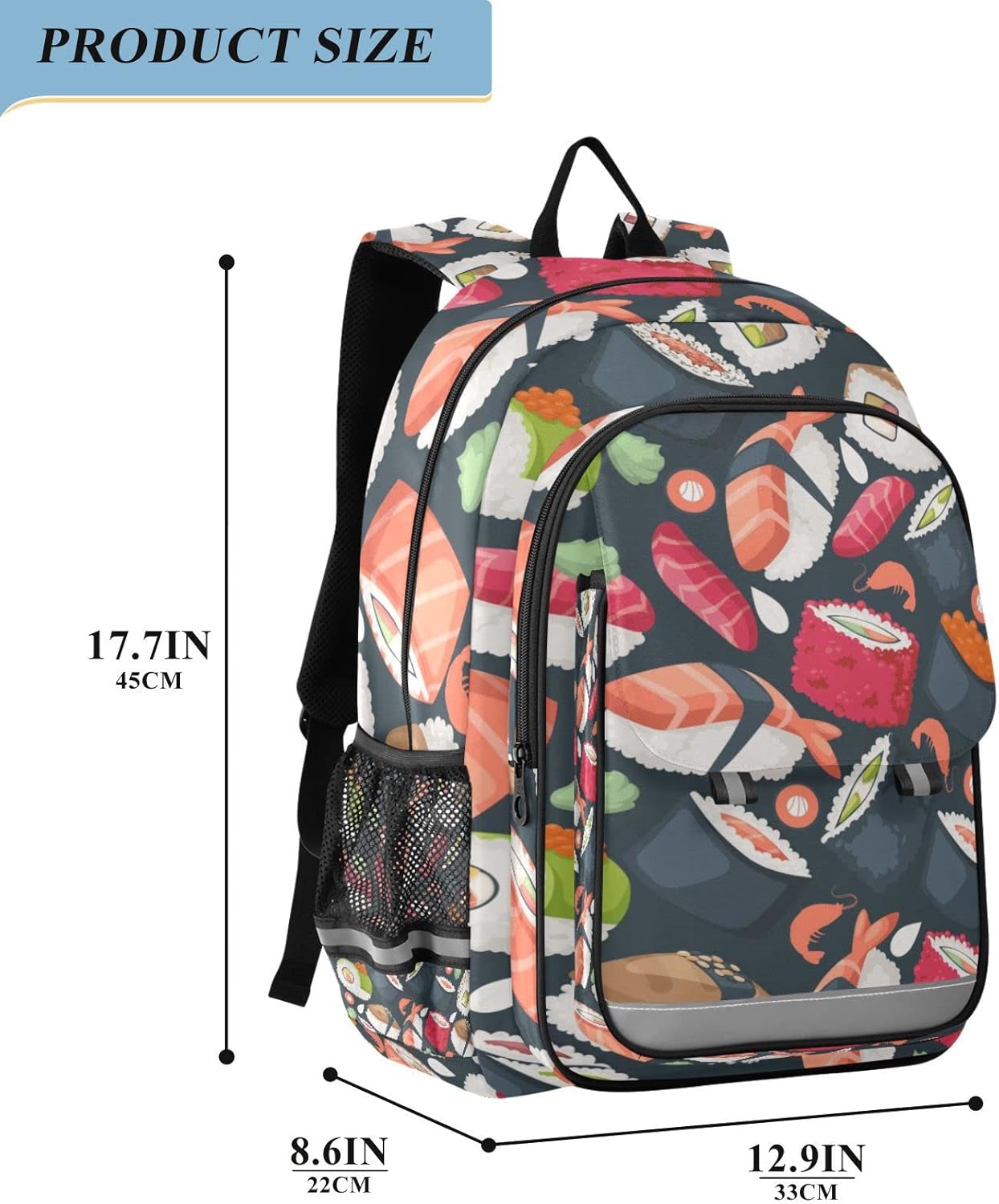 Japanese Sushi and Rolls Backpack School Bag Lightweight Laptop Backpack Student Travel Daypack with Reflective Stripes