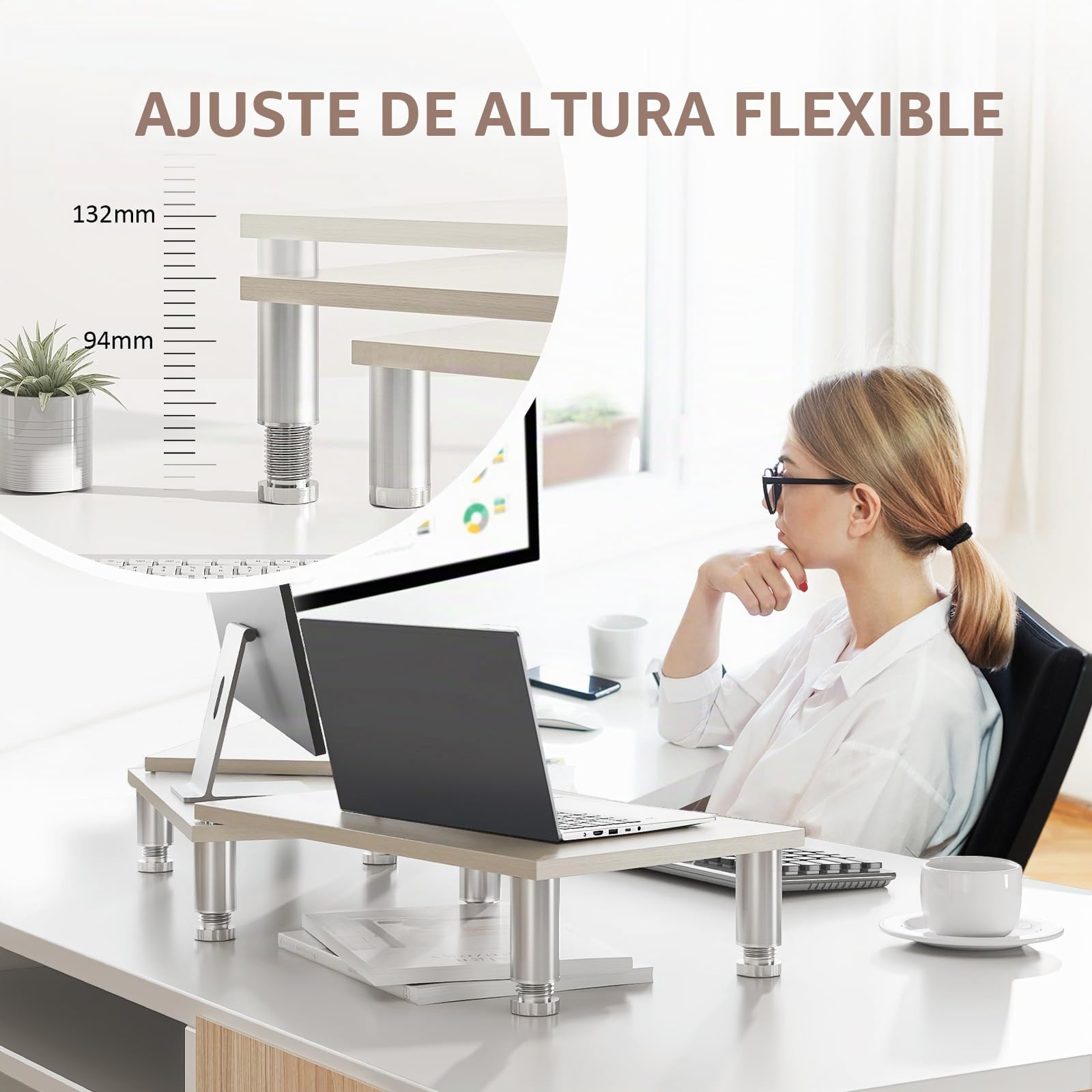 AX Waber Elevador de monitor doble, longitud y ángulo ajustables, soporte de madera para 2 monitores con almacenamiento