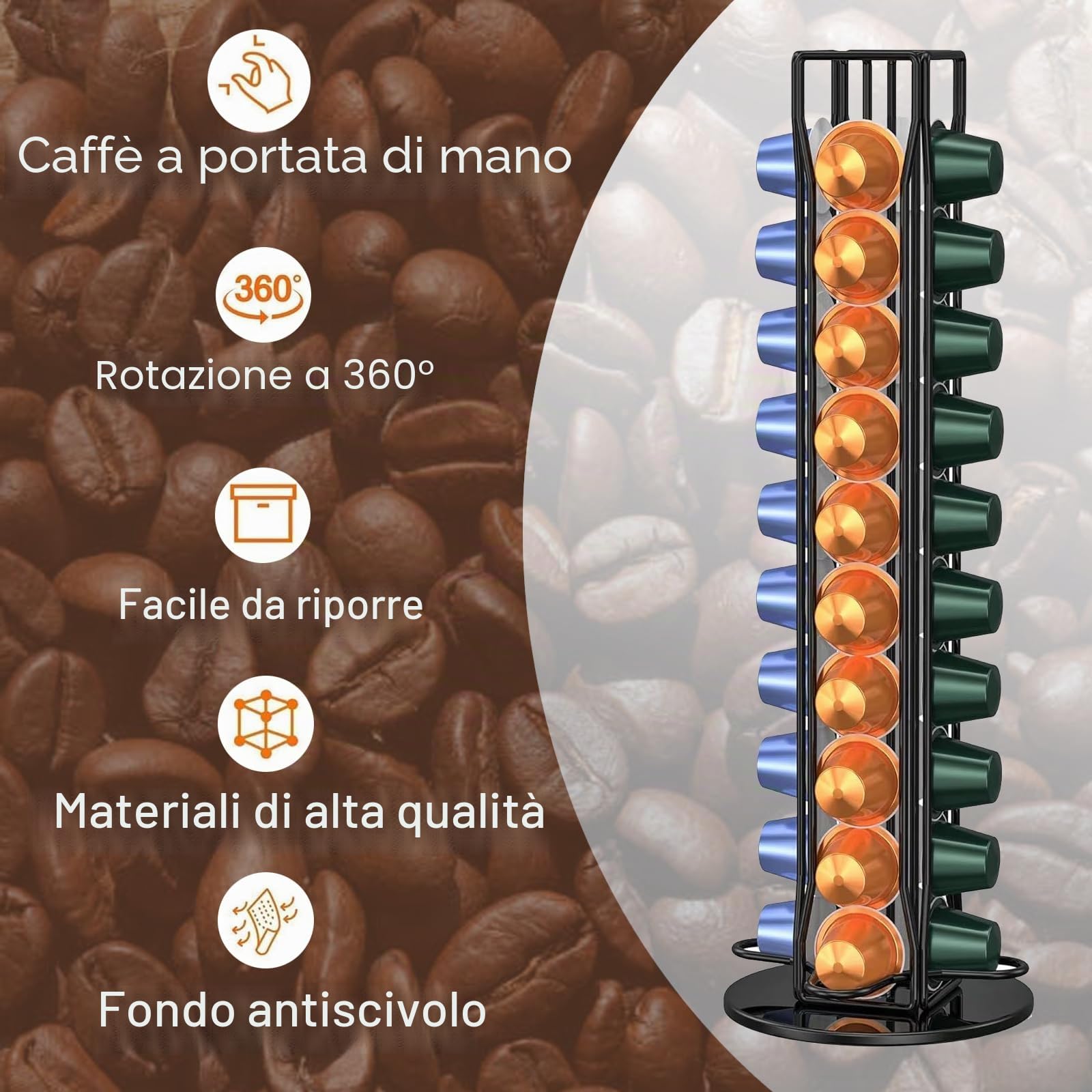 Porta Capsule Caffe per Nespresso, Porta Cialde Per Nespresso 40 Pezzi Caffè Capsule, Portacapsule Girevoli a 360 Gradi Acciaio Inossidabile, Ufficio, Cucina 11.5x11.5x39cm Nero