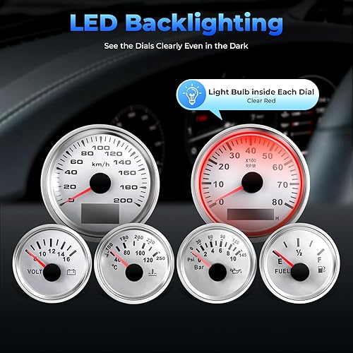 Miniatura 2 de Juego de 6 medidores electrónicos de color blanco automático, juego de medidores LED de 0.236 x 2.047in con enchufe multienchufe, juego universal de