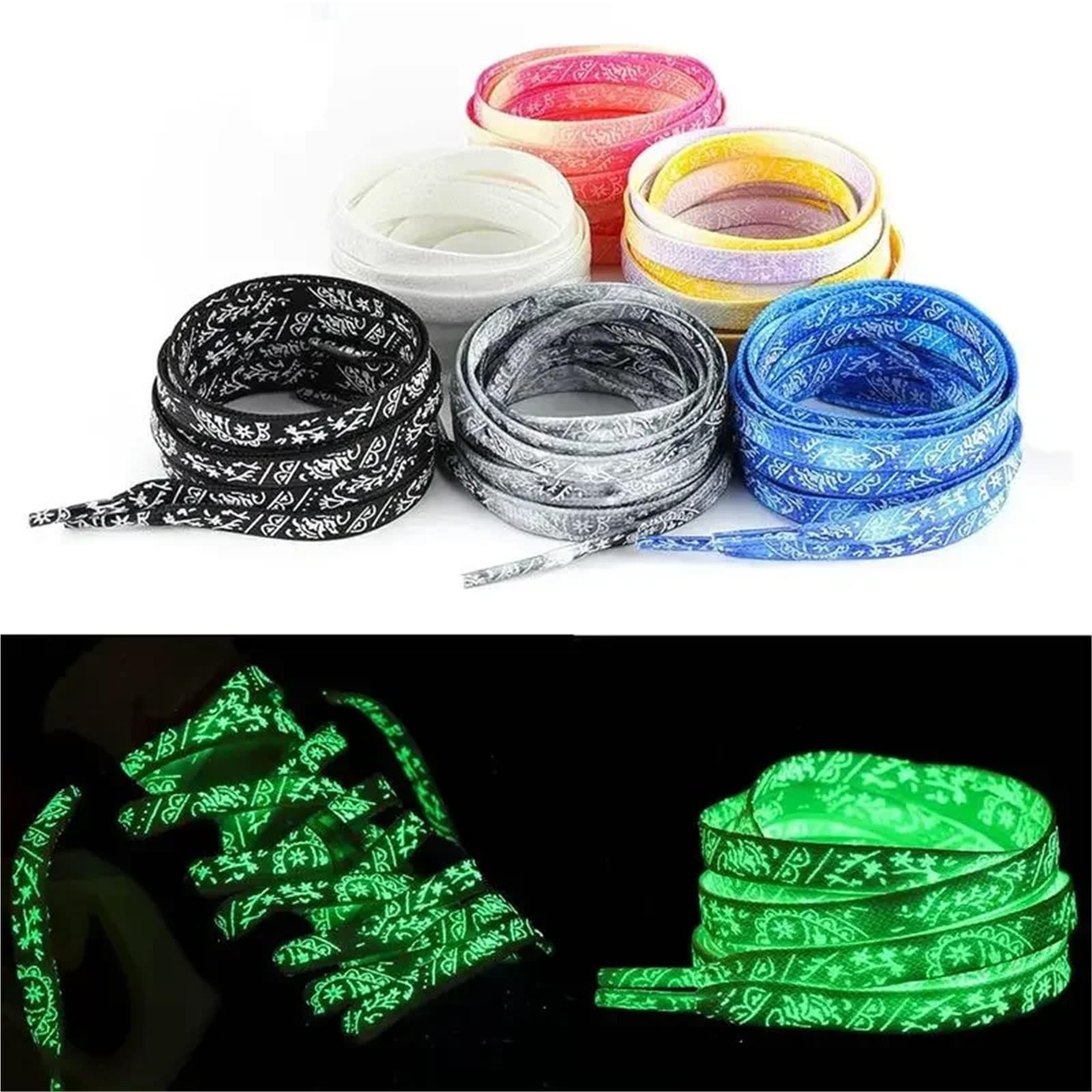 5 pares de cordones planos fluorescentes y luminosos for zapatillas deportivas, con estampado flores anacardo tinta que brillan en la oscuridad Para Sneaker