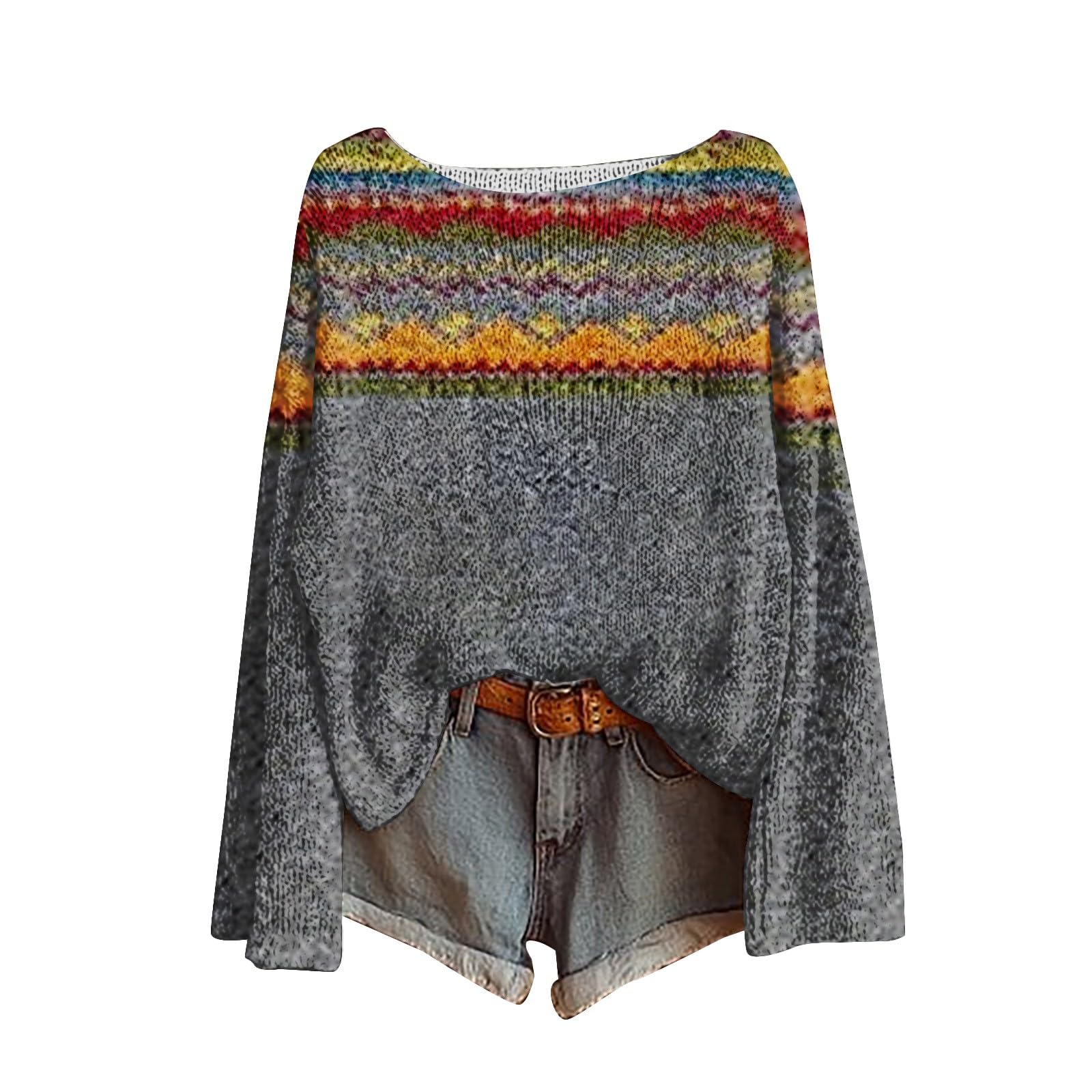 Boho Vintage Sweater for Women Petite Fall Fashion Shirts 2025 Colorful Long Sleeve Knit Pullover Grandpa Sweaters