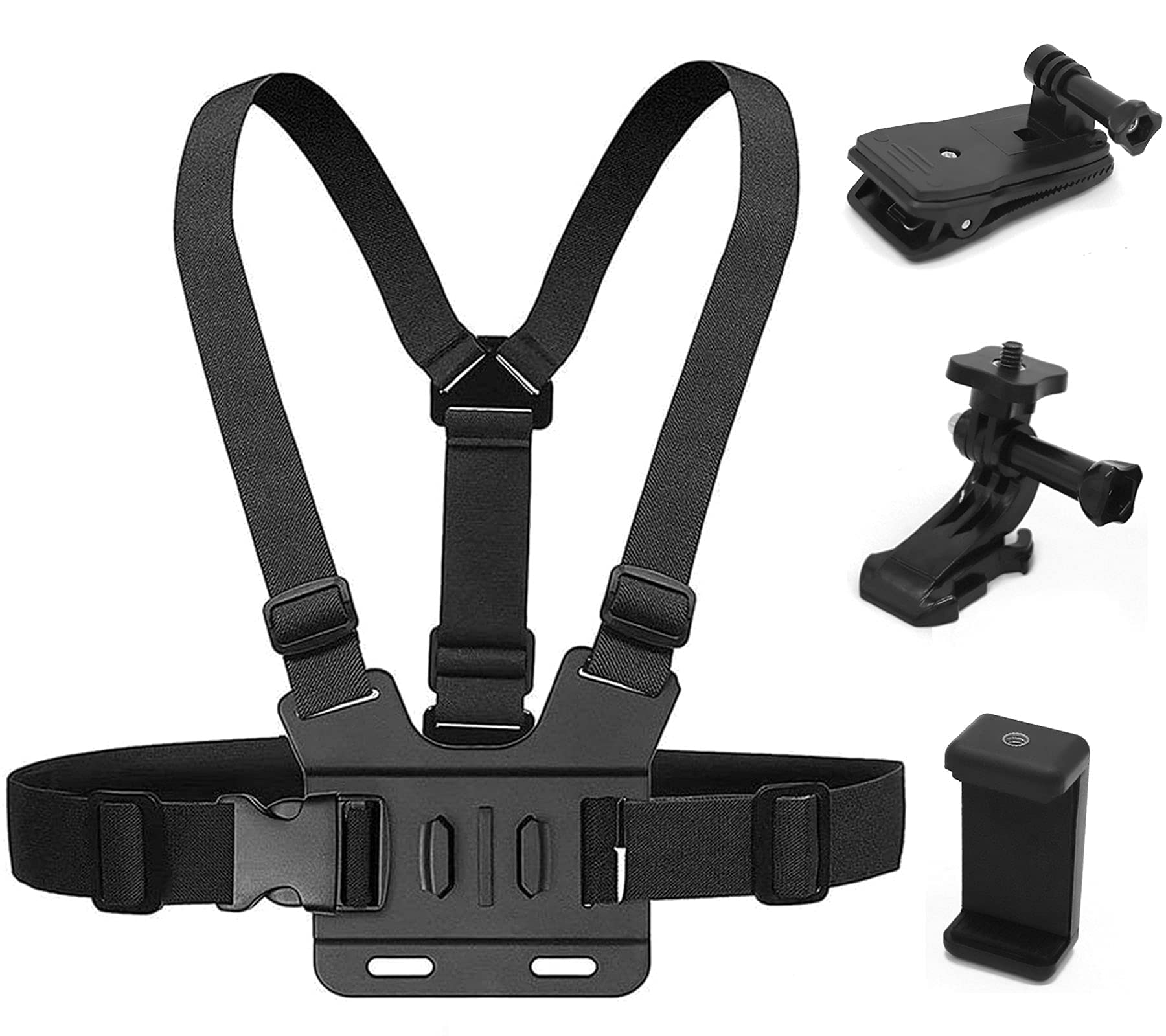 KASTWAVE Camera Chest Mount Strap Harness Fit for AKASO DJI Osmo, Adjustable Cell Phone Chest Mount Strap with Sports Camera Installation Bracket kit+Mobile Phone Bracket+Backpack Clip Holder