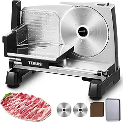 TERUISI Fatiador De Carne Elétrico, Alimentos 200 W E 110 V Com 2 Lâminas Aço Inoxidável 7,5 Pol., Espessura Ajustável 0 A 18 Mm, Bandeja Para Máquina Corte, Toalha Uso Doméstico, Frutas, Pão, Queij