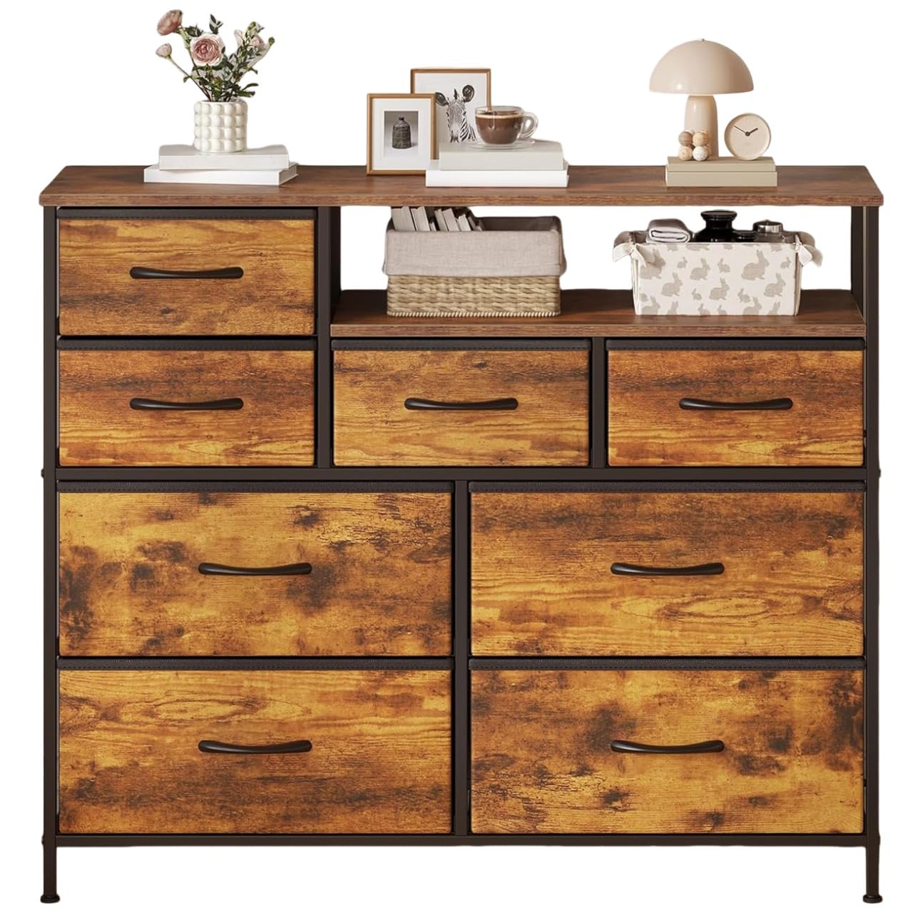 Feonase Chest of Drawers Bedroom, Fabric Dresser with 8 Drawers, Storage Dresser with 2 Layer Shelves, Tall Storage Organizer Unit with Steel Frame, for Bedroom, Living Room, Hallway
