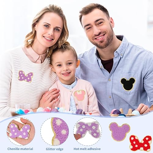 Miniatura 4 de DREMISI - 12 parches de felpilla para ratón, parches bordados con bonitos lazos de ratón para niños, parches bordados para planchar en la rodilla,