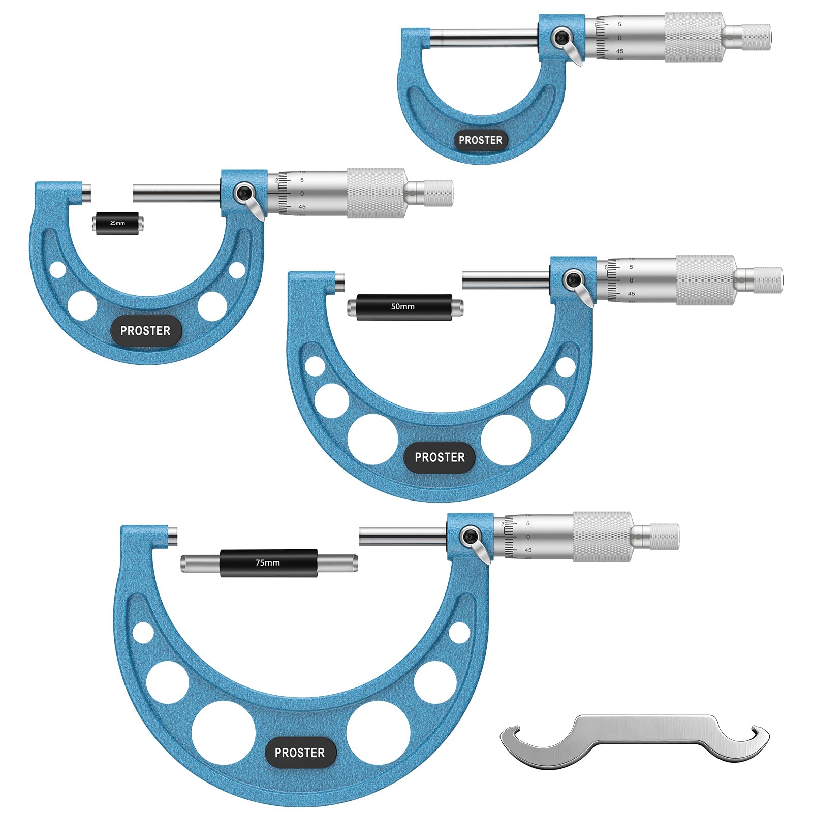 Proster Micromètre Extérieur 0–100mm 4 Pièces – Précision 0,01mm avec Ratchet Stop, Satin Chrome & Échelle Laser, Ensemble Professionnel pour Atelier, Contrôle Qualité et Machiniste
