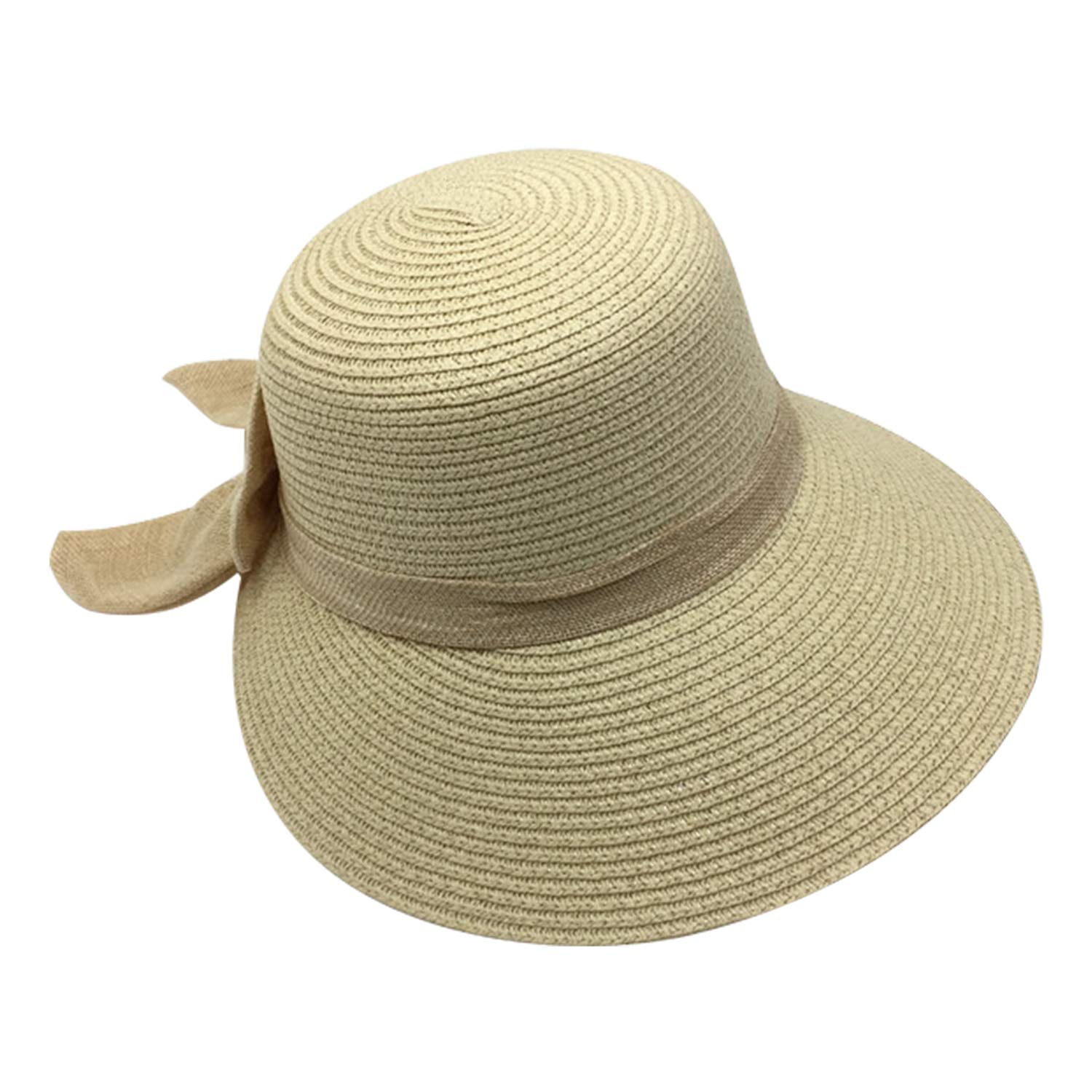 Startreene Women's Beige Beach Sun Hat Bowknot Plain Wide Brim Upf50 Straw Cap For Travel Camping (Beige)