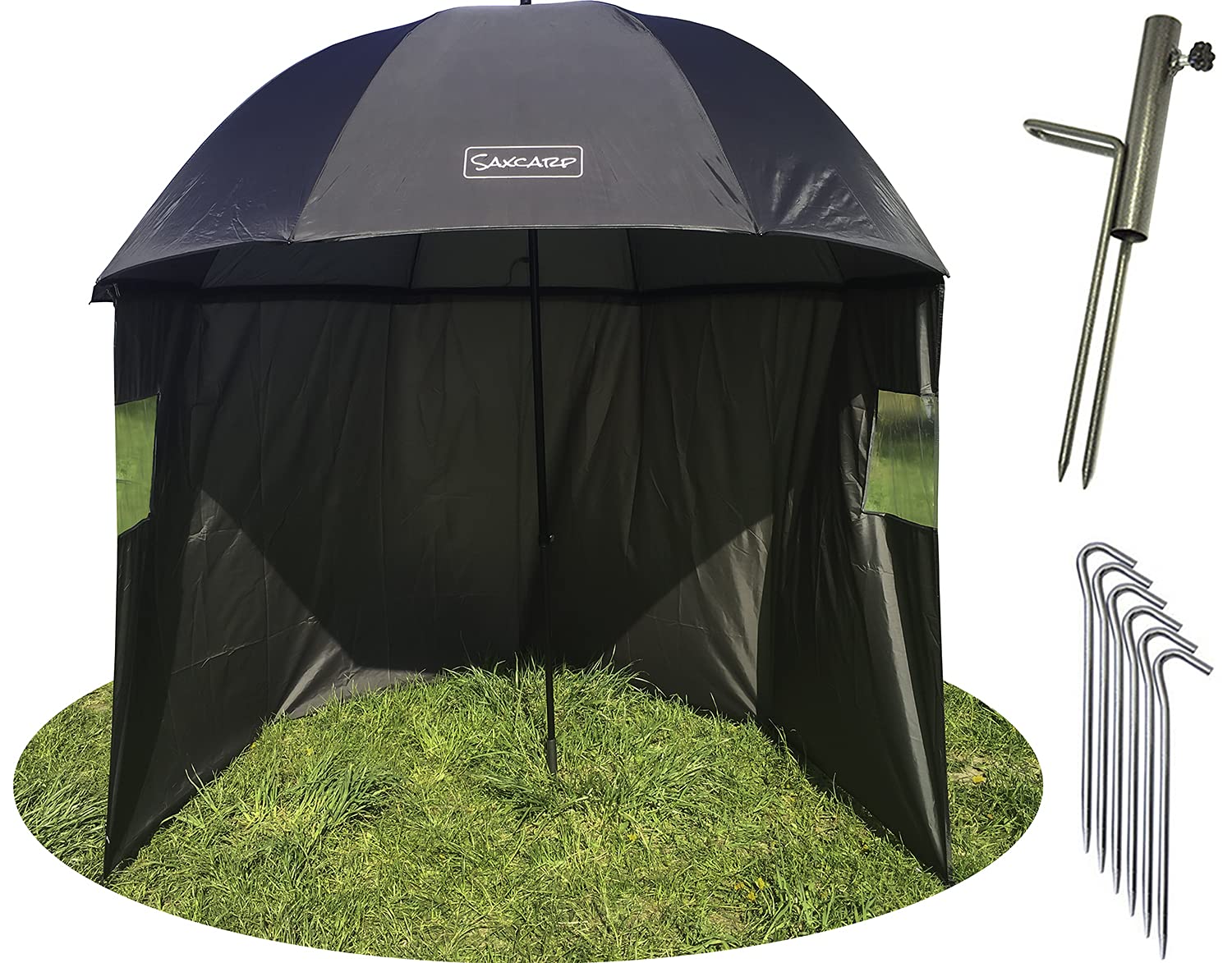 NECO SAX CARP Parapluie de Pêche Ø250 cm avec Cape, Porte-Parapluie et Chevilles, Protection Contre la Pluie, le Vent et les Rayons UV, 3 Hommes Avec Équipement Carpe + Coffret GRATUIT 90409
