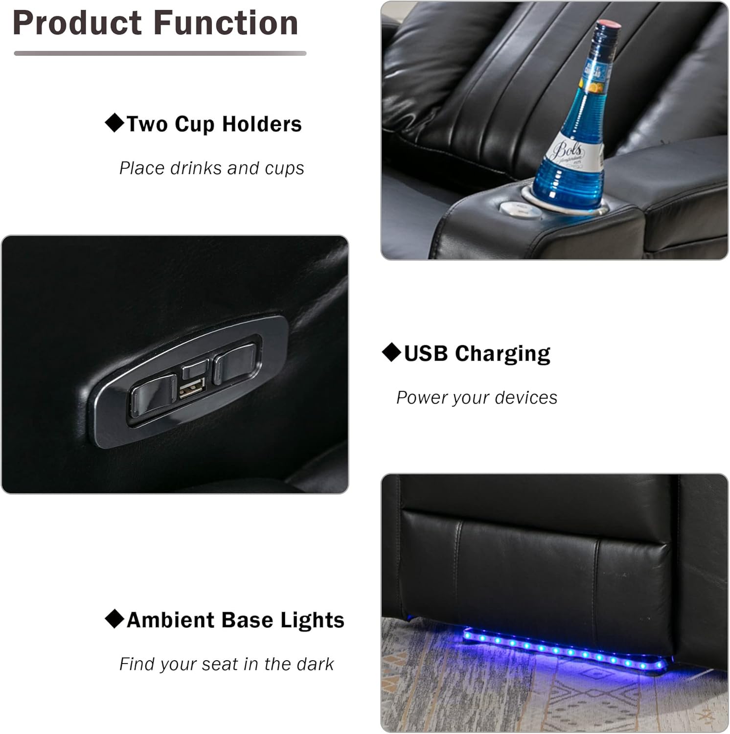 Polibi Power Motion Recliner, Home Theater Seating with Hidden Arm Storage, LED Light Strip, 2 Cup Holders, 360° Swivel Tray Table and Cell Phone Holder for Living Room, Black