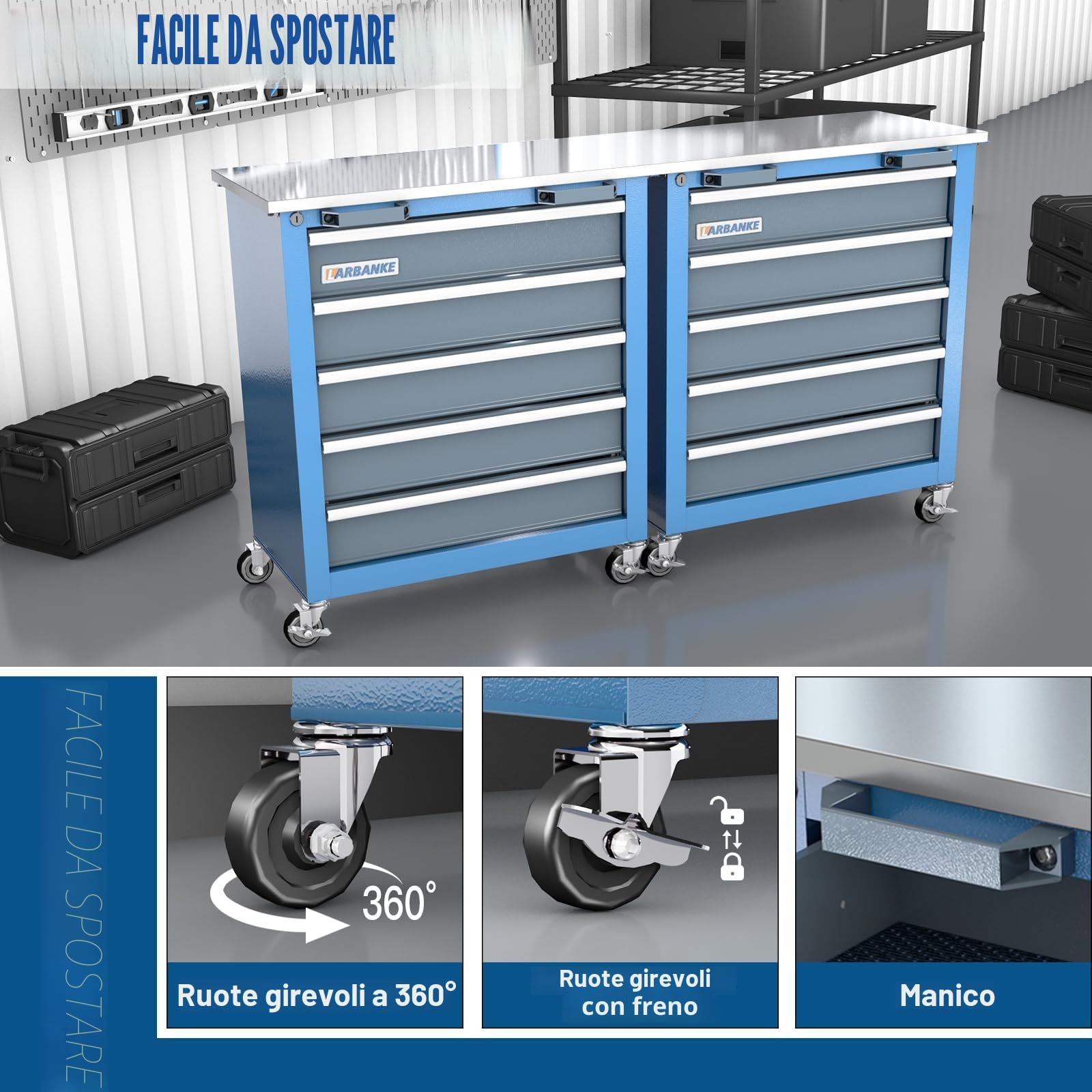 LARBANKE Carrello Portautensili con 5 Cassetti, Porta Attrezzi Officina con Ruote,armadietto per attrezzi con sistema di bloccaggio, Carrello da officina con parte superiore in acciaio inossidabile