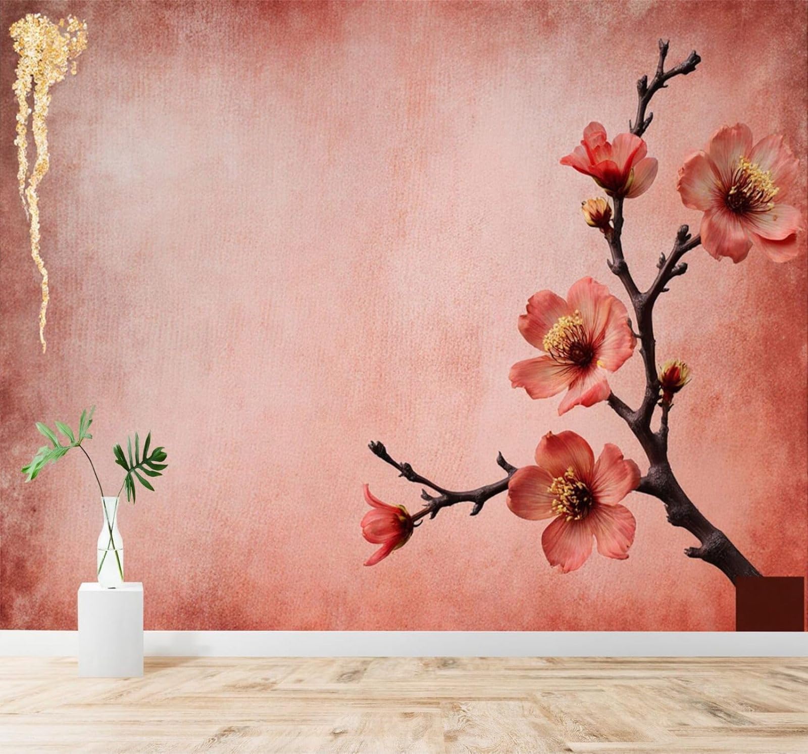 XLMING Red Plum Blossoms Branches Golden Texture Pink Gradient 3D Wallpaper Premium Textured Silk Study Dining Living Room Bedroom Sofa TV Wall Easy Install-150cm×105cm