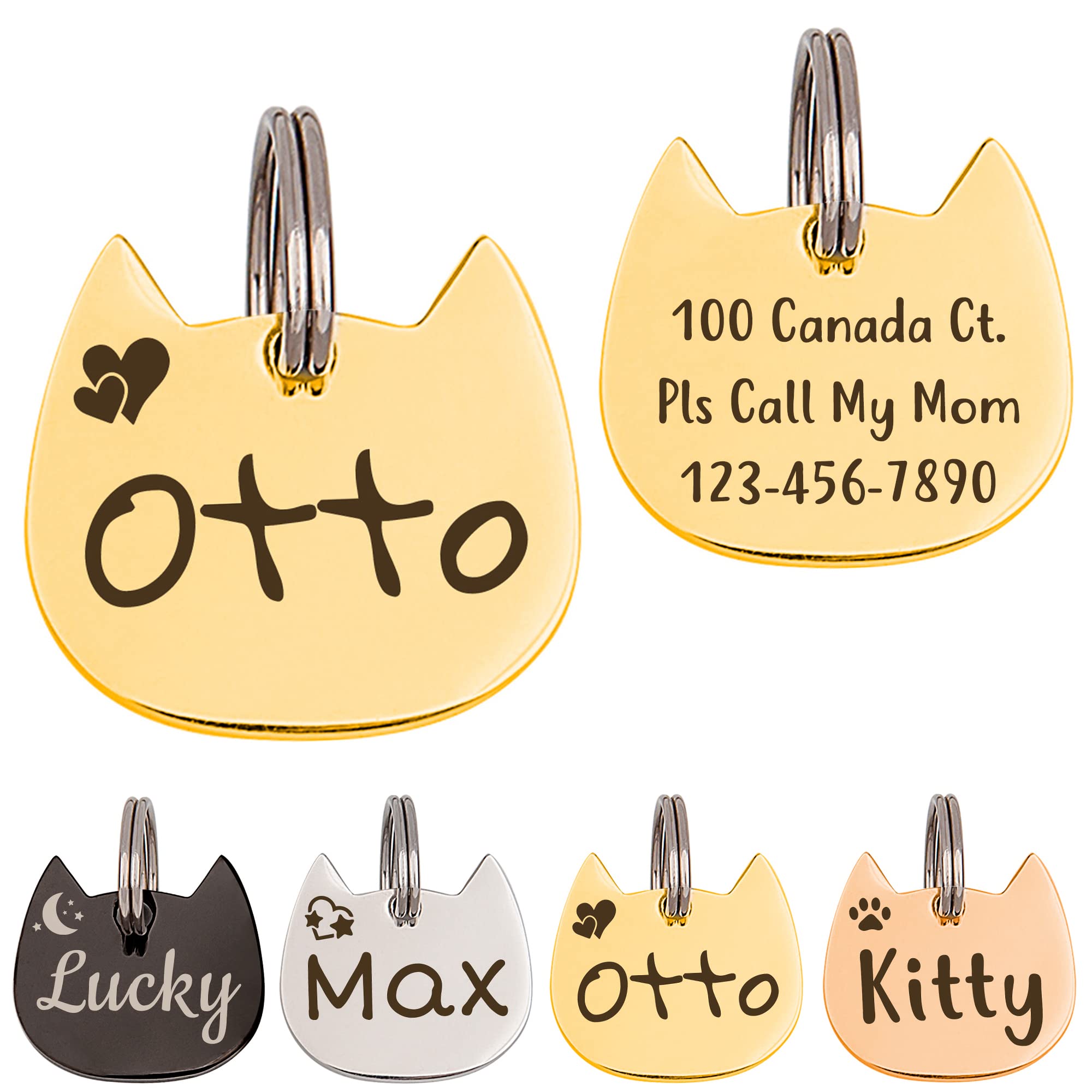 Anavia Cat Head & Fish Shape Pet ID Tags, Personalized Funny Icon Design Cat Name Tag, Customized Gold Plated Glossy Stainless Steel Black Rainbow Cat Dog Collar Tag (Small, Cat Head Shape, Gold)