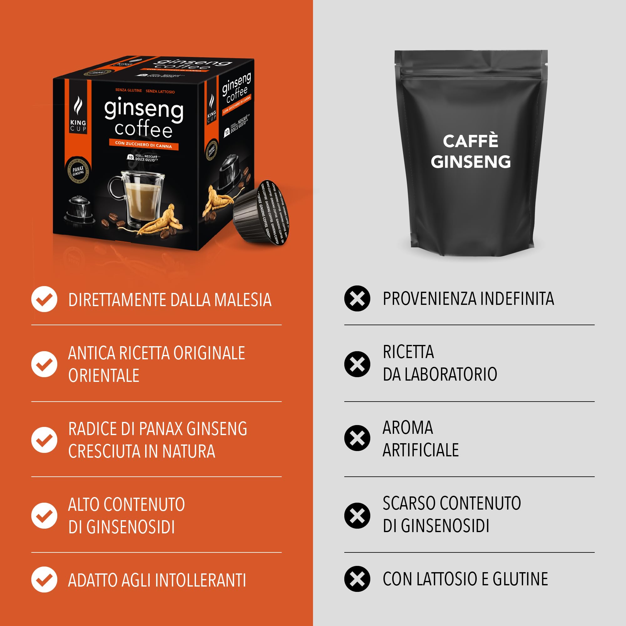 King Cup - 1 Confezione da 10 Capsule di Ginseng con Zucchero di Canna, 10 Capsule 100% Compatibili con Sistema Nescafè Dolce Gusto di Bevanda al Gusto di Ginseng, Senza Glutine e Senza Lattosio
