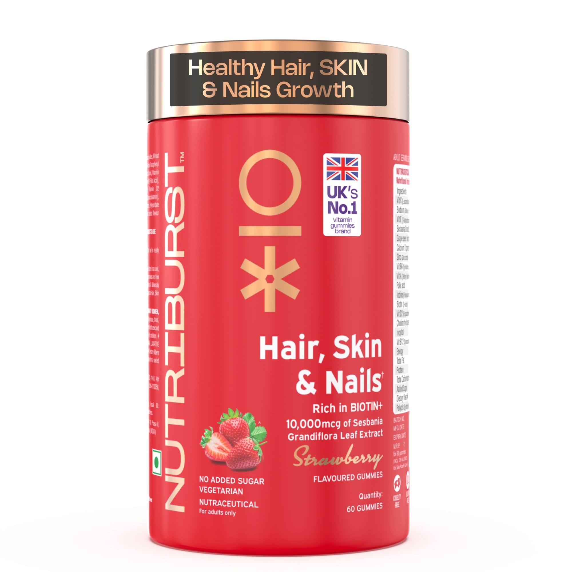 Nutriburst Biotin Gummies for Healthy Hair, Skin & Nails Growth | With High Potency 10000 mcg of Sesbania Extract Natural Biotin,Folic Acid & Multivitamins, No-Added Sugar, Strawberry Flavor|60 Gummy