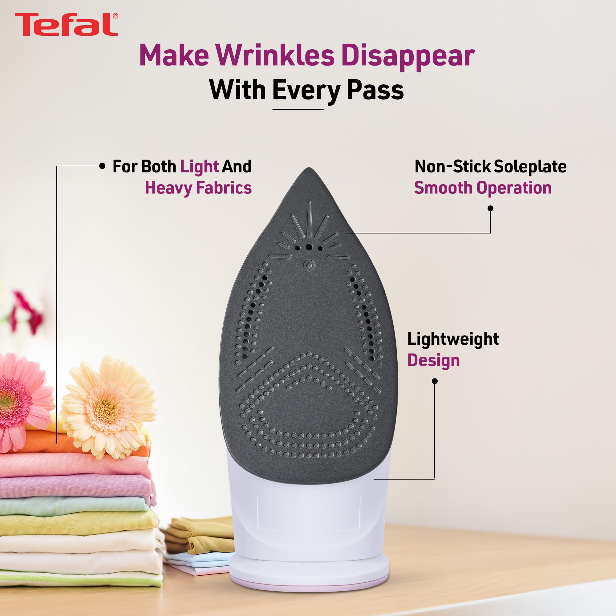 Tefal Pink Steam Essential Iron | 1200 Watts Lightweight Steam Iron with Non-Stick Soleplate | Continuous Steam Boost | Vertical Steaming | No.1 Ironing Brand in Europe | 2-Year Warranty 3