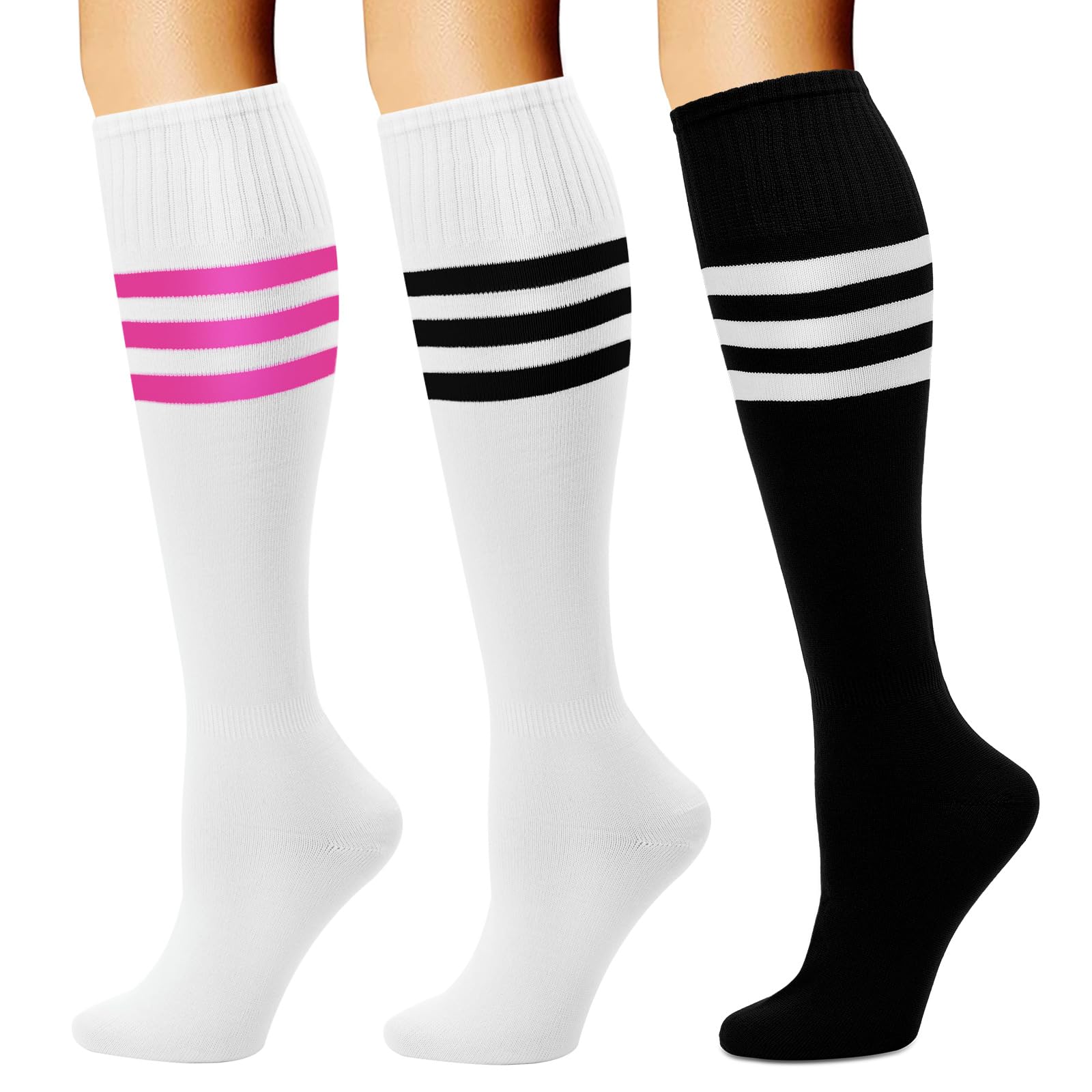 DRESHOW 3 Pares de Calcetines Coloridos Hasta la Rodilla, Calcetines Casuales de Fútbol a Rayas Calcetines Altos Hasta la Rodilla de Bruja Para Hombres y Mujeres